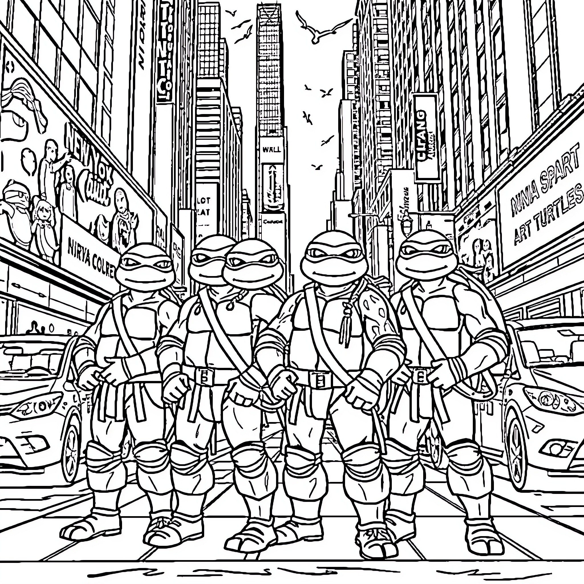 Ninja Turtles exploring the city streets Coloring Page (free black-and-white line drawing printable PDF for all, from beginners to advanced learners, including children, teens, adults, and seniors)