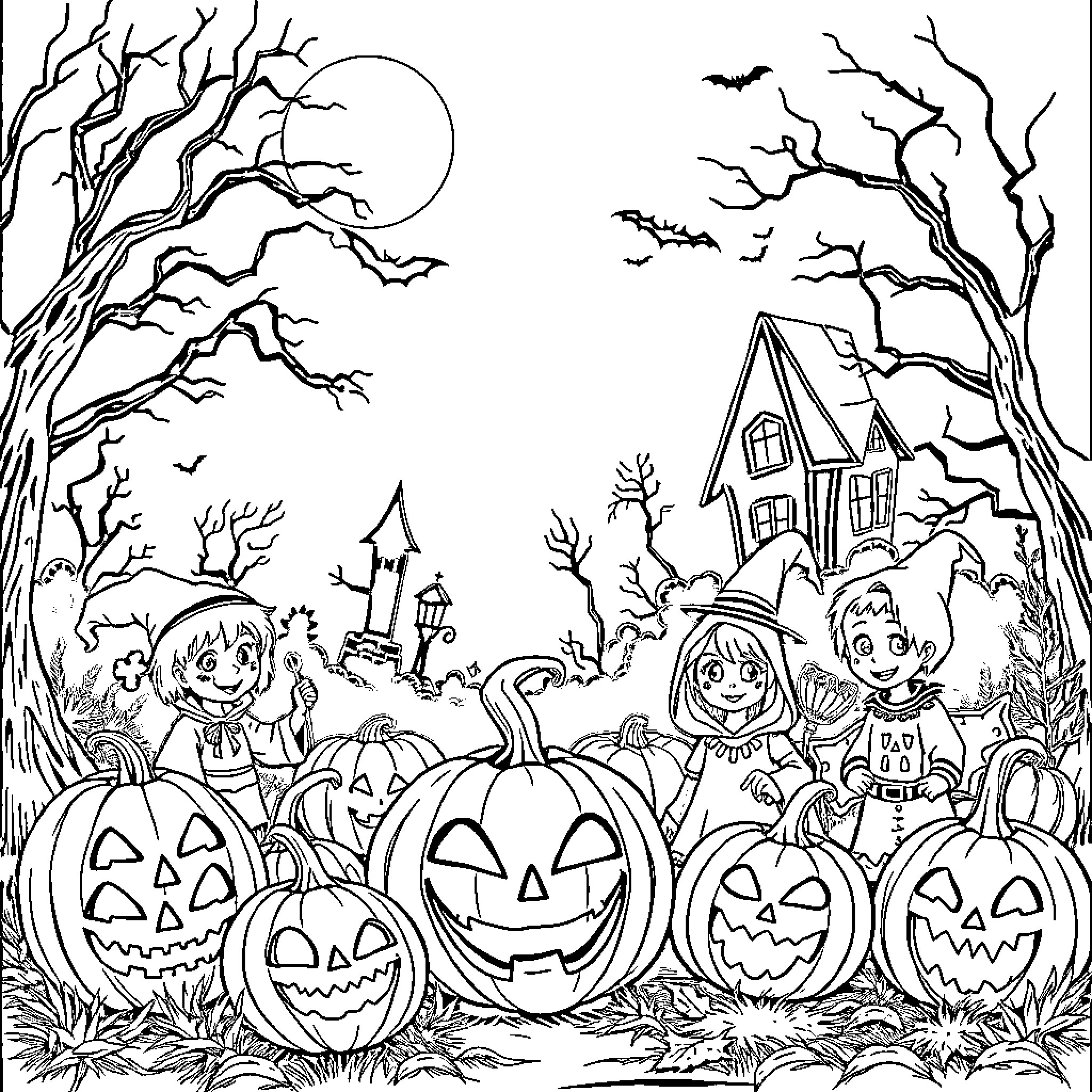 Halloween characters celebrating in the spooky forest Coloring Page (free black-and-white line drawing printable PDF for all, from beginners to advanced learners, including children, teens, adults, and seniors)