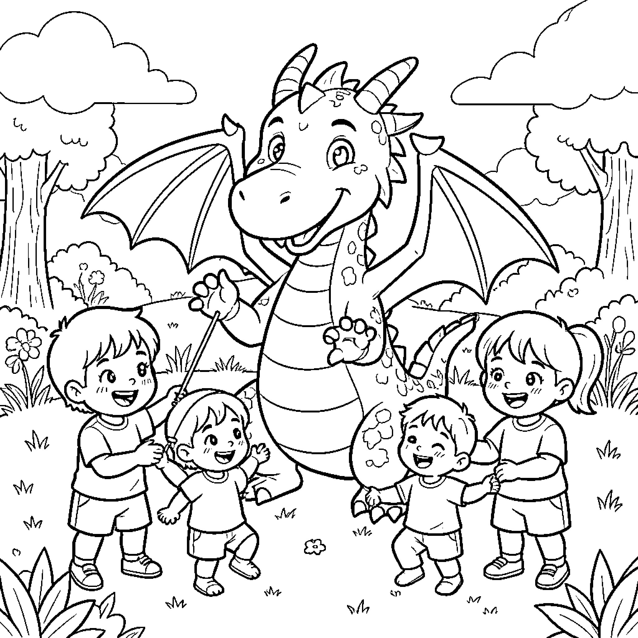 Dragon Playfully Interacting with Children in Nature Coloring Page (free black-and-white line drawing printable PDF for all, from beginners to advanced learners, including children, teens, adults, and seniors)