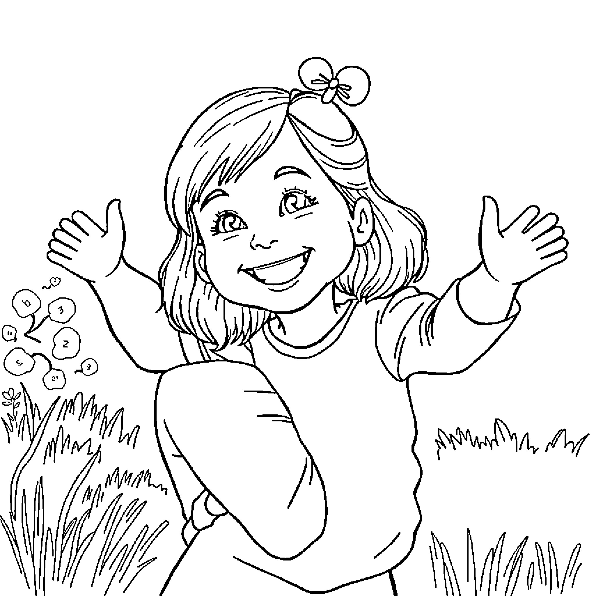 Girl Playing Joyfully in Nature Coloring Page (free black-and-white line drawing printable PDF for all, from beginners to advanced learners, including children, teens, adults, and seniors)