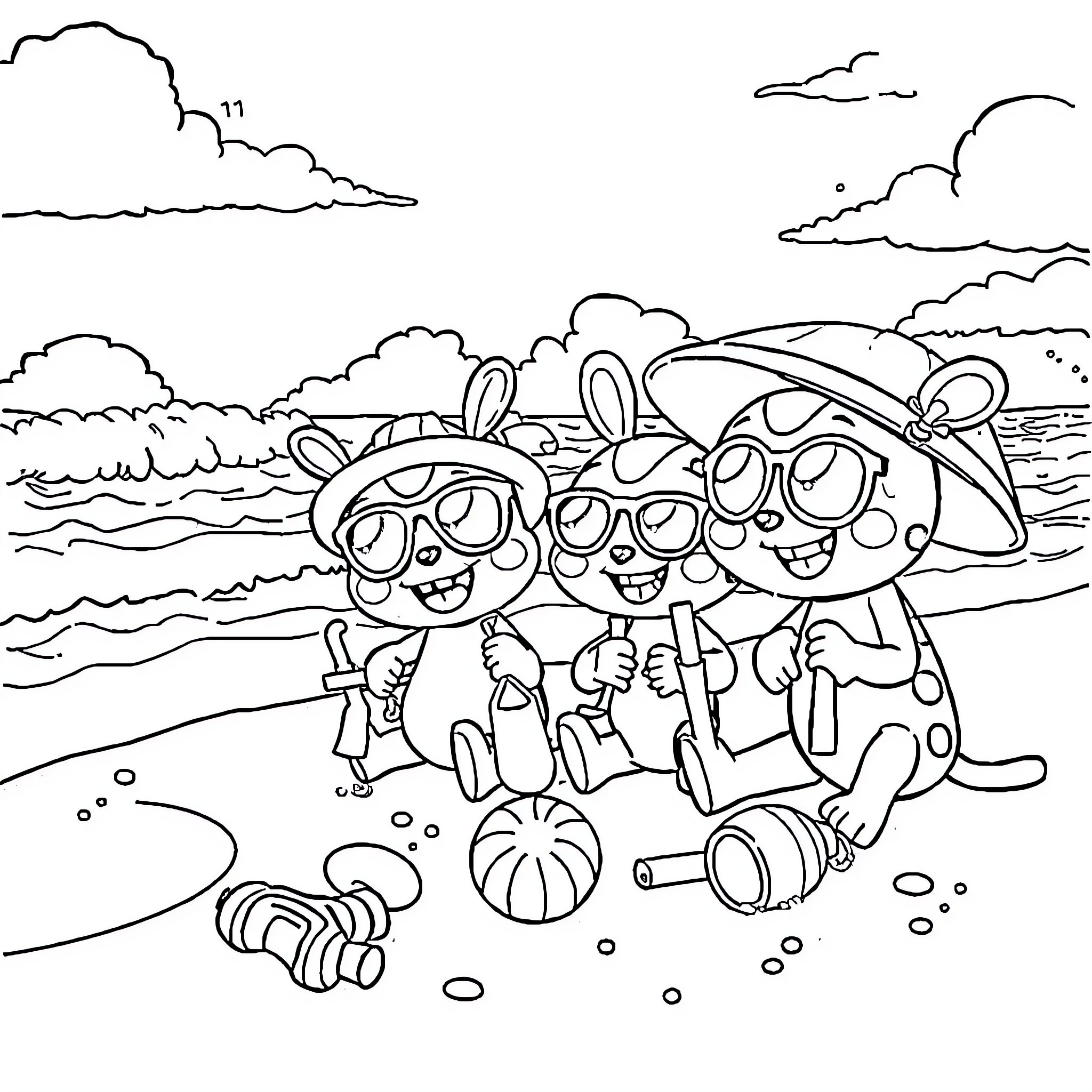 Pat'Patrouille enjoying a day at the beach Coloring Page (free black-and-white line drawing printable PDF for all, from beginners to advanced learners, including children, teens, adults, and seniors)
