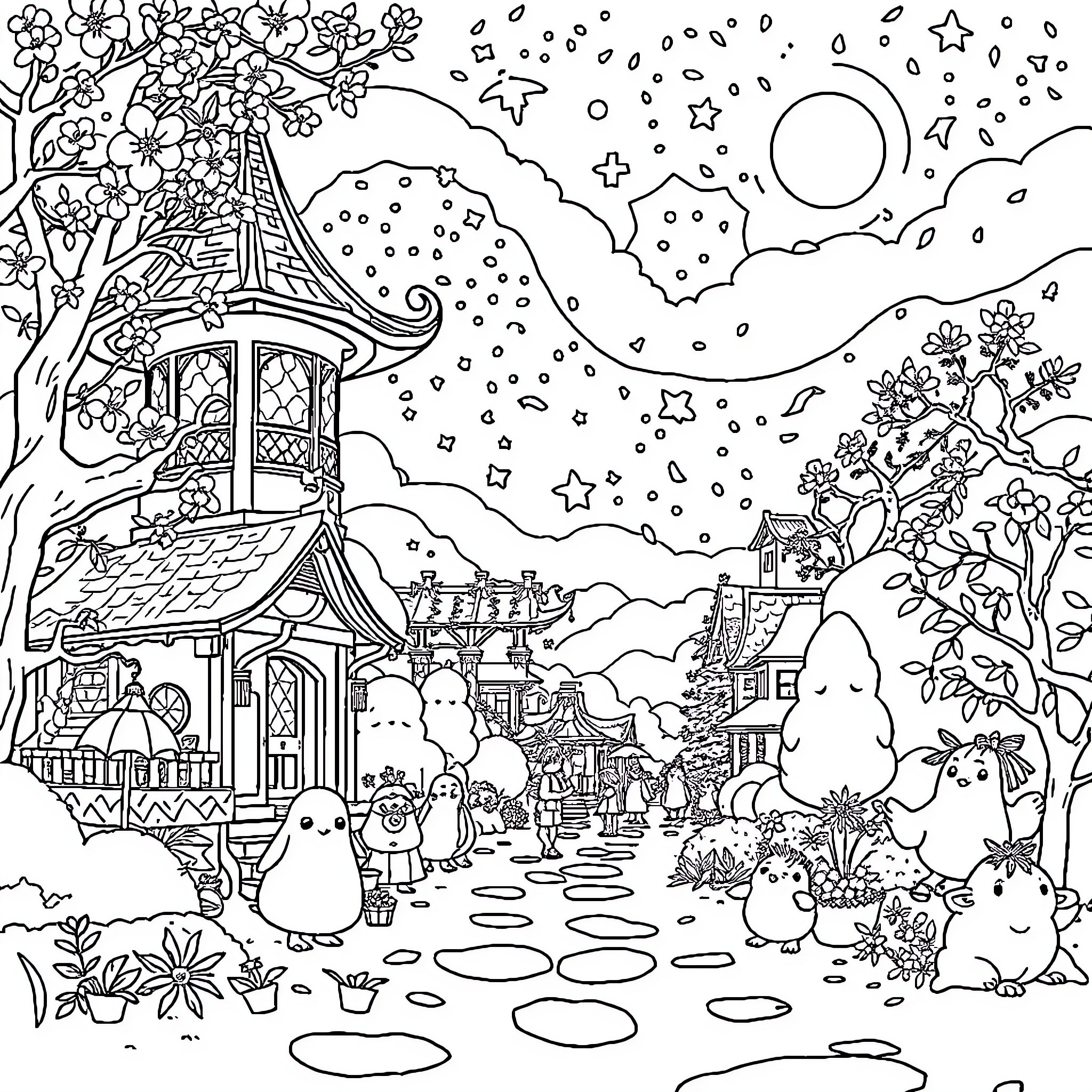 Ghibli Fantasy Landscape with Charming Characters Coloring Page (free black-and-white line drawing printable PDF for all, from beginners to advanced learners, including children, teens, adults, and seniors)