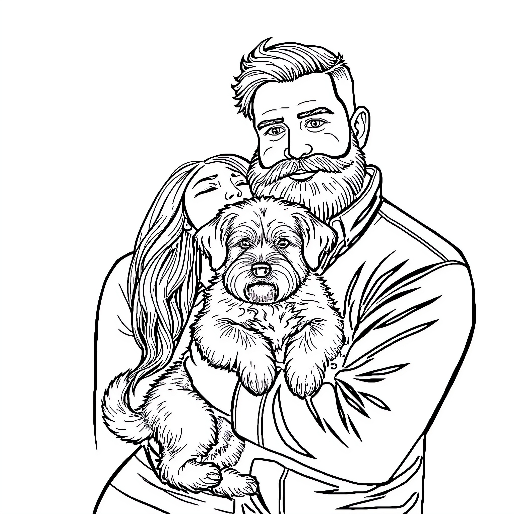 Couple cuddling with their beloved pet dog Coloring Page (free black-and-white line drawing printable PDF for all, from beginners to advanced learners, including children, teens, adults, and seniors)