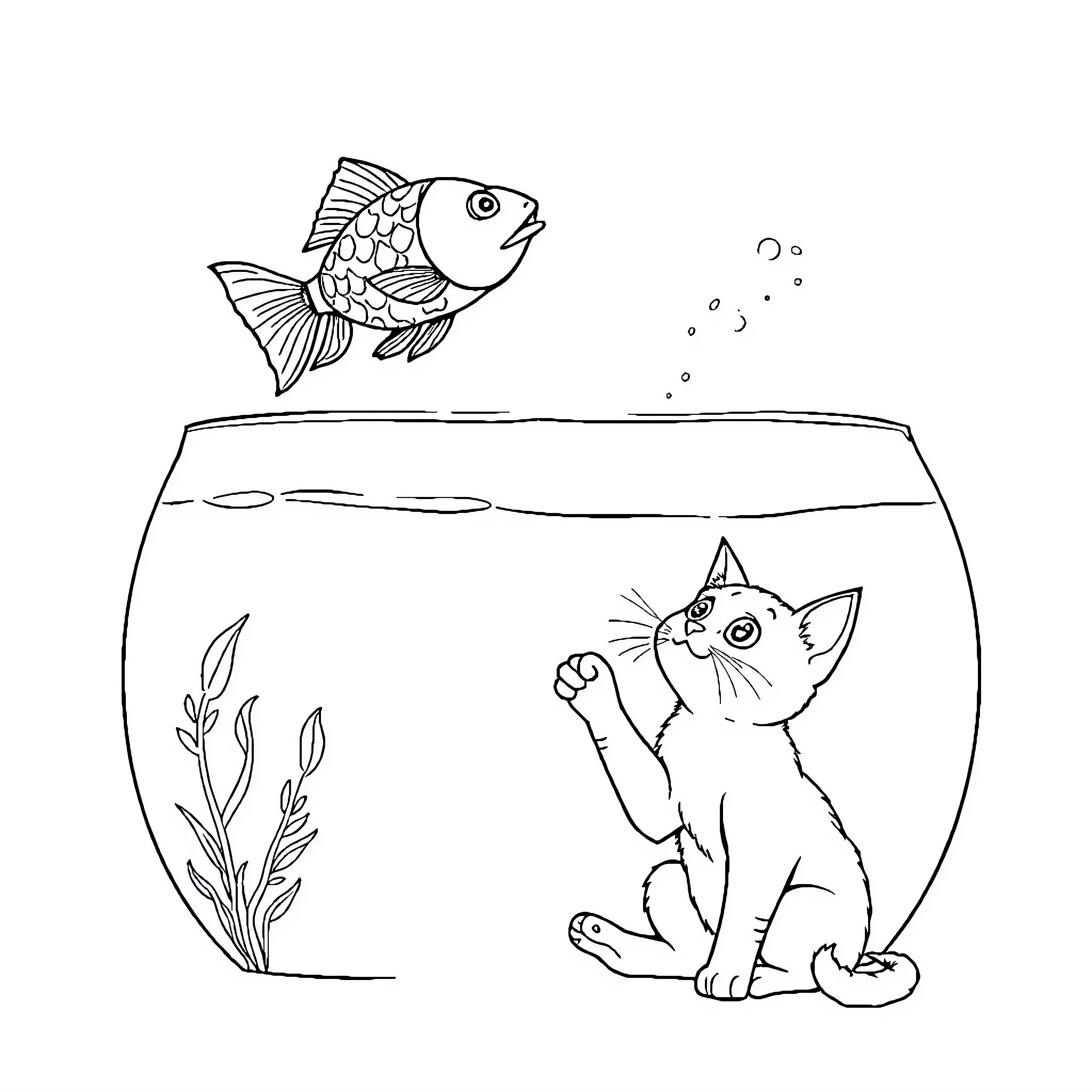Fish and Curious Cat in Fish Bowl Coloring Page (free black-and-white line drawing printable PDF for all, from beginners to advanced learners, including children, teens, adults, and seniors)