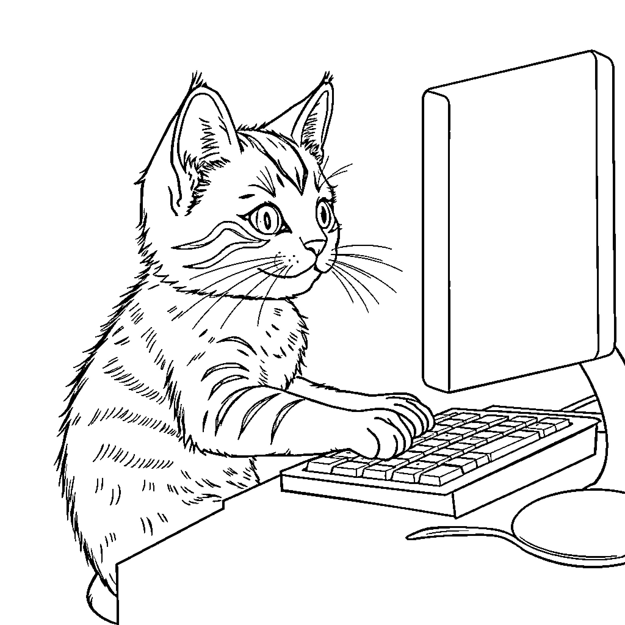 Gato using computer keyboard intently Coloring Page (free black-and-white line drawing printable PDF for all, from beginners to advanced learners, including children, teens, adults, and seniors)