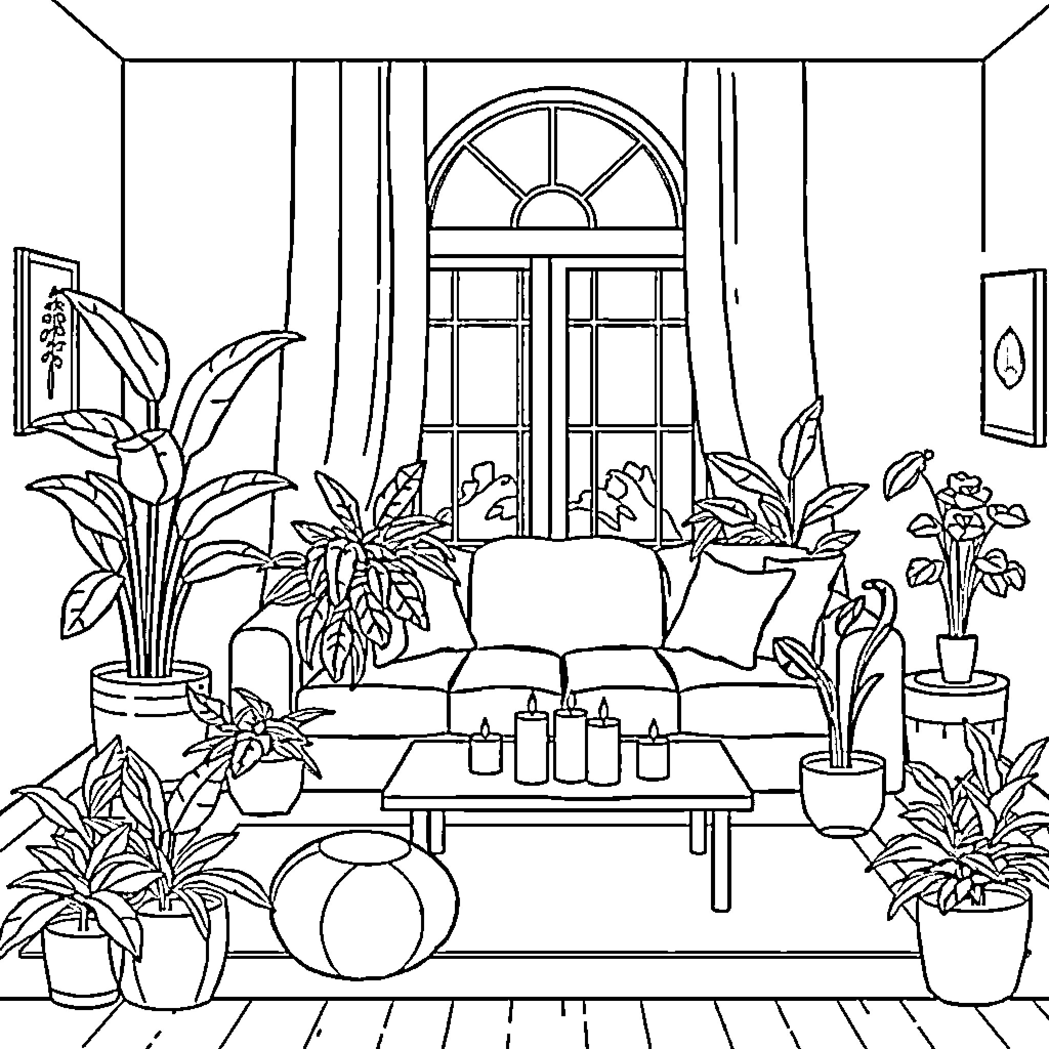 Living Room with Lush Indoor Plants and Cozy Furnishings Coloring Page (free black-and-white line drawing printable PDF for all, from beginners to advanced learners, including children, teens, adults, and seniors)