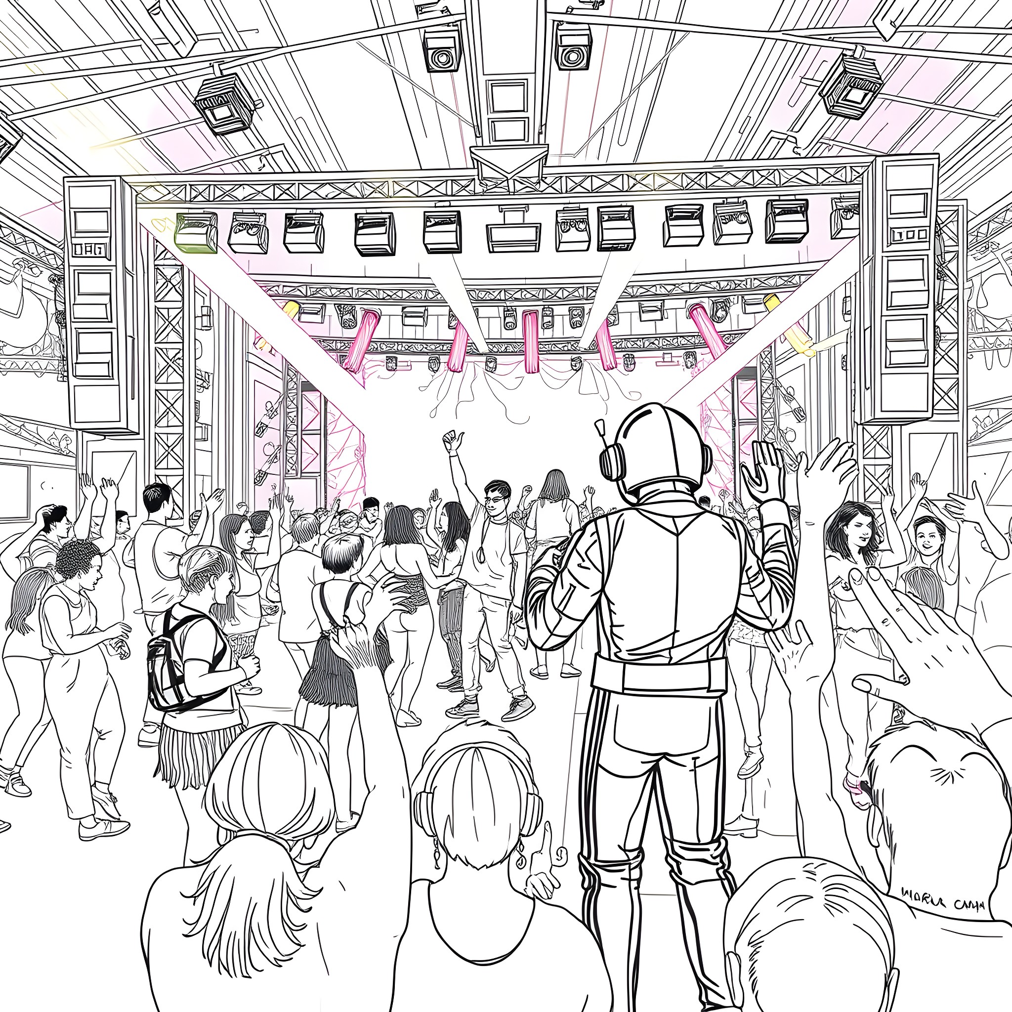 Daft Punk performing in a concert crowd Coloring Page (free black-and-white line drawing printable PDF for all, from beginners to advanced learners, including children, teens, adults, and seniors)