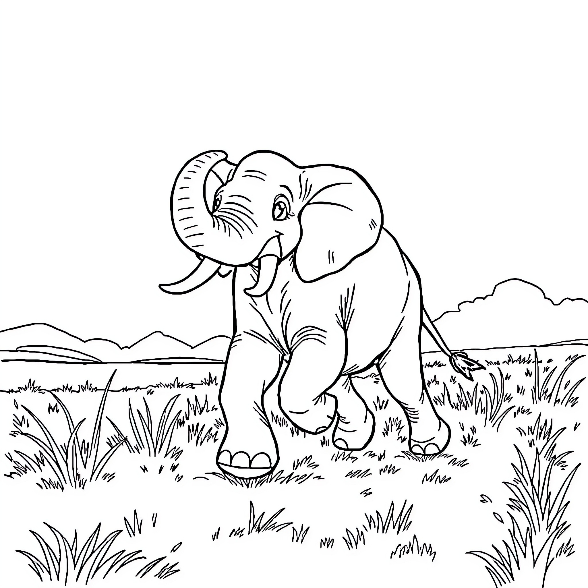 Elephant walking in the grasslands Coloring Page (free black-and-white line drawing printable PDF for all, from beginners to advanced learners, including children, teens, adults, and seniors)