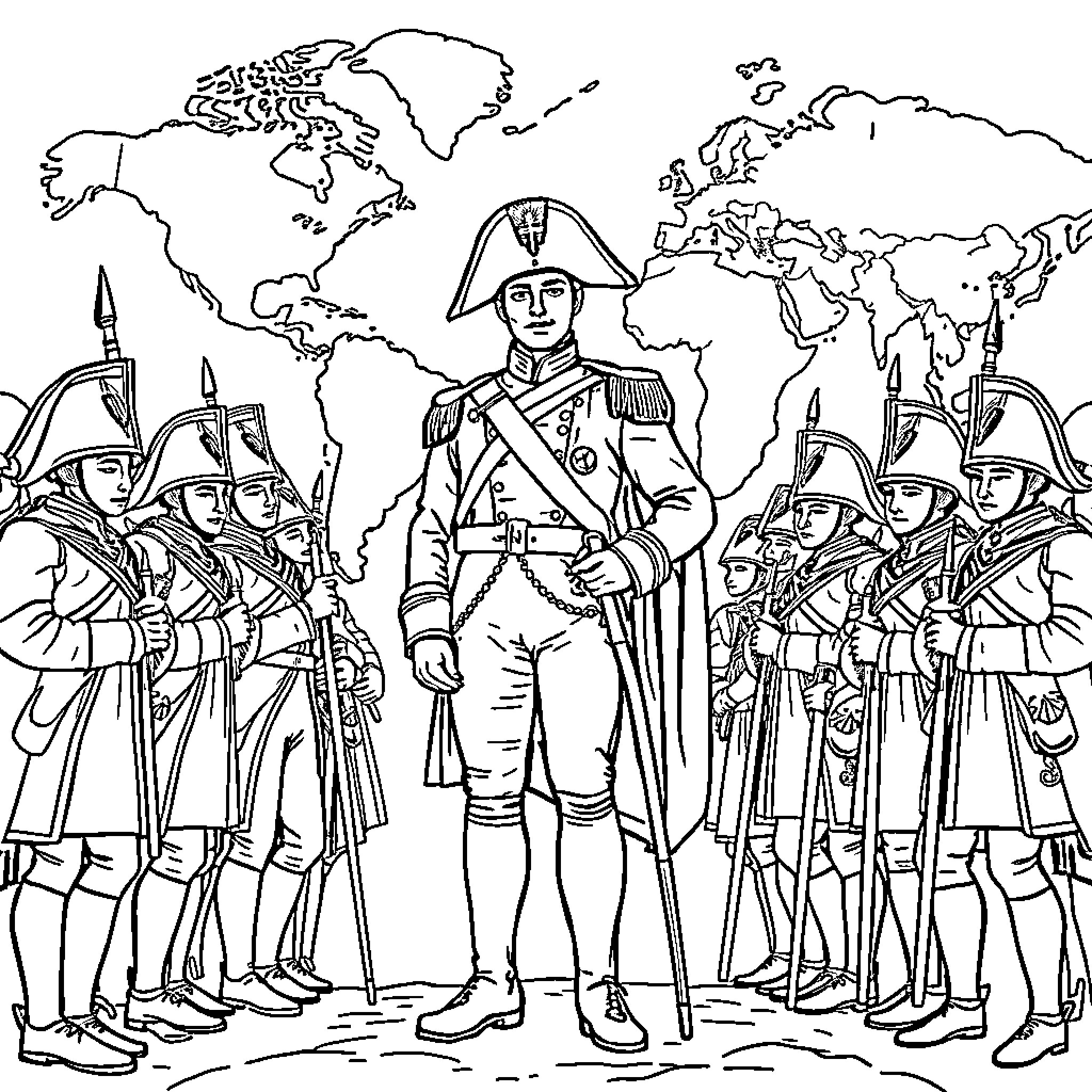 Napoleon commanding his army on a world map Coloring Page (free black-and-white line drawing printable PDF for all, from beginners to advanced learners, including children, teens, adults, and seniors)