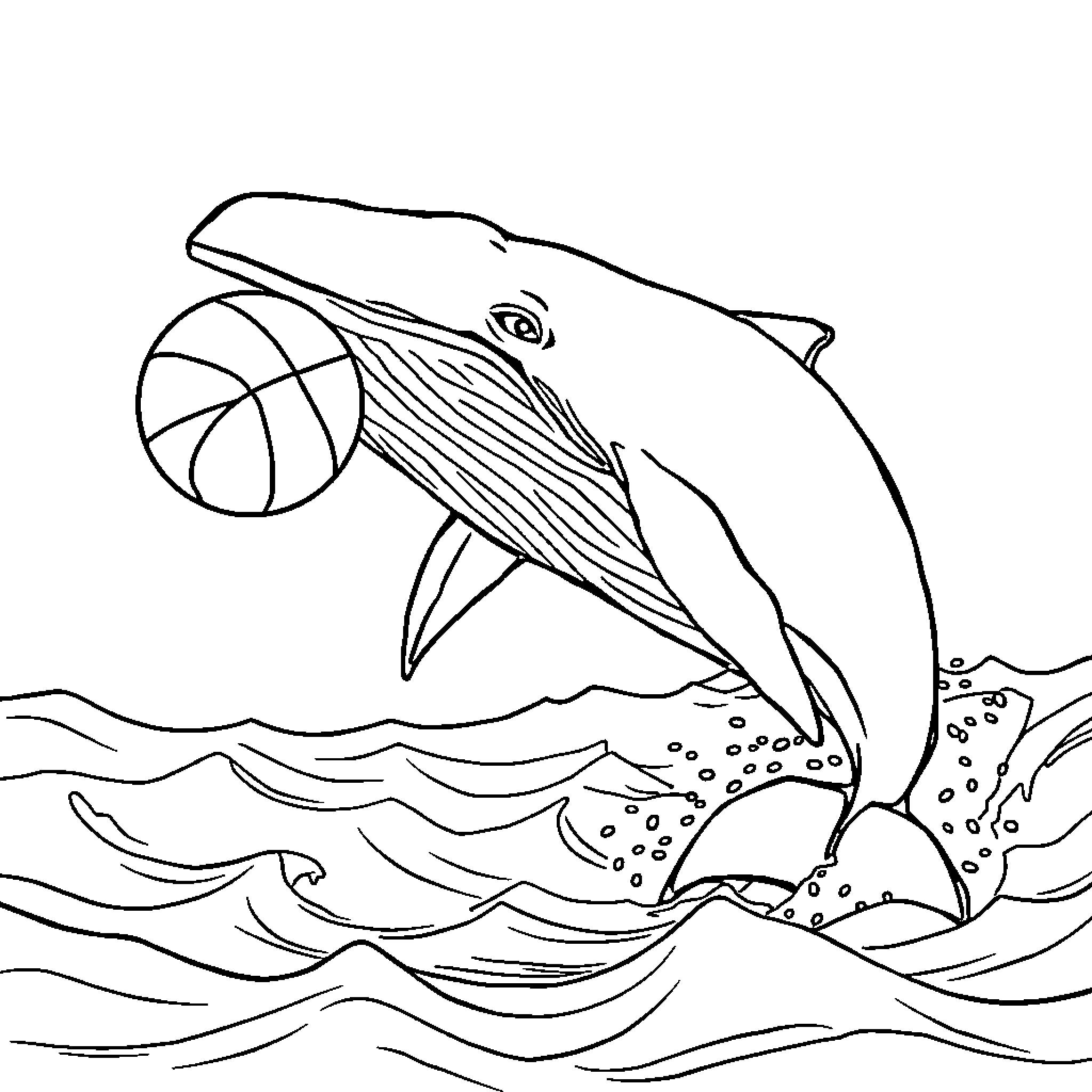 Whale playing with basketball in ocean Coloring Page (free black-and-white line drawing printable PDF for all, from beginners to advanced learners, including children, teens, adults, and seniors)