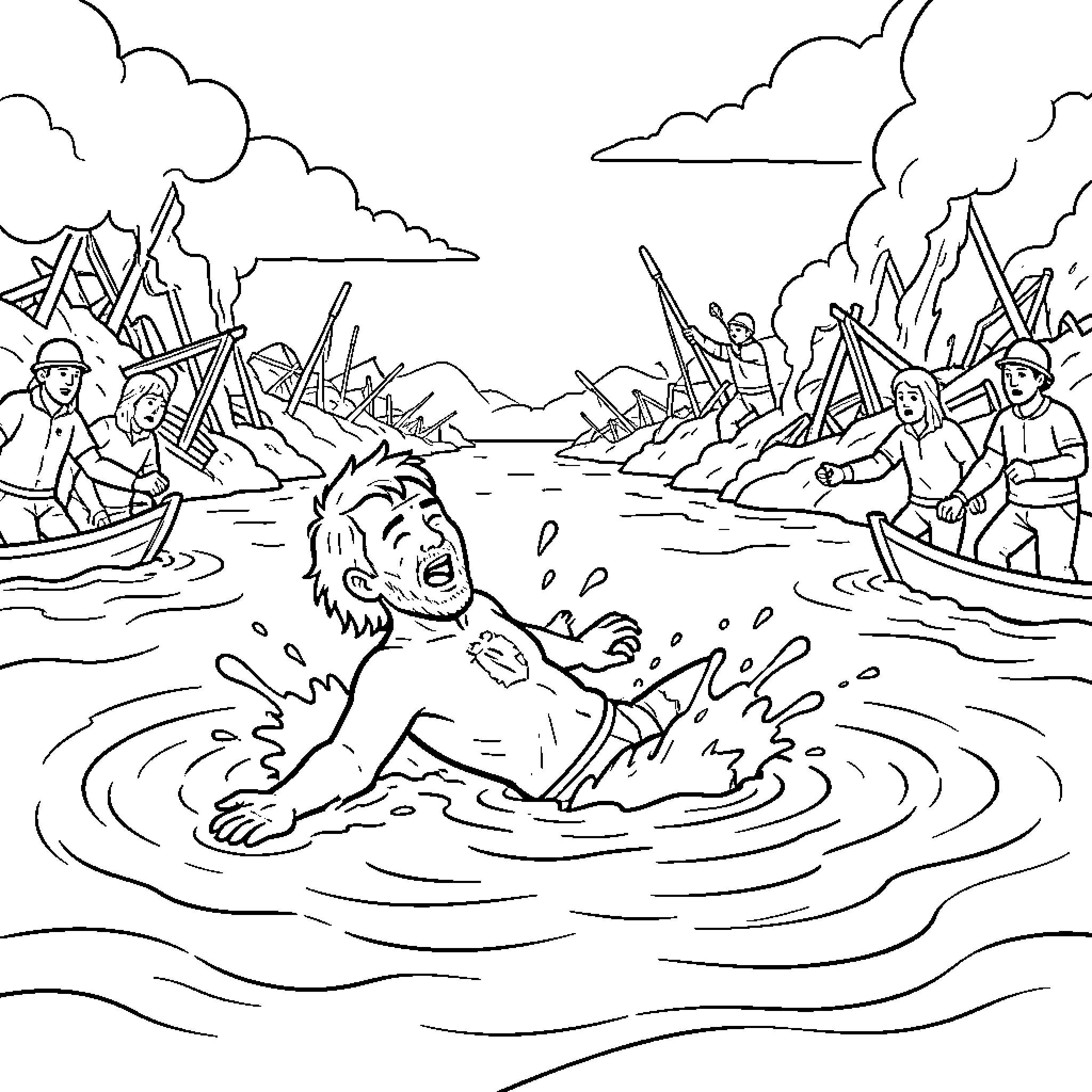 Water Rescue of a man struggling in the river Coloring Page (free black-and-white line drawing printable PDF for all, from beginners to advanced learners, including children, teens, adults, and seniors)