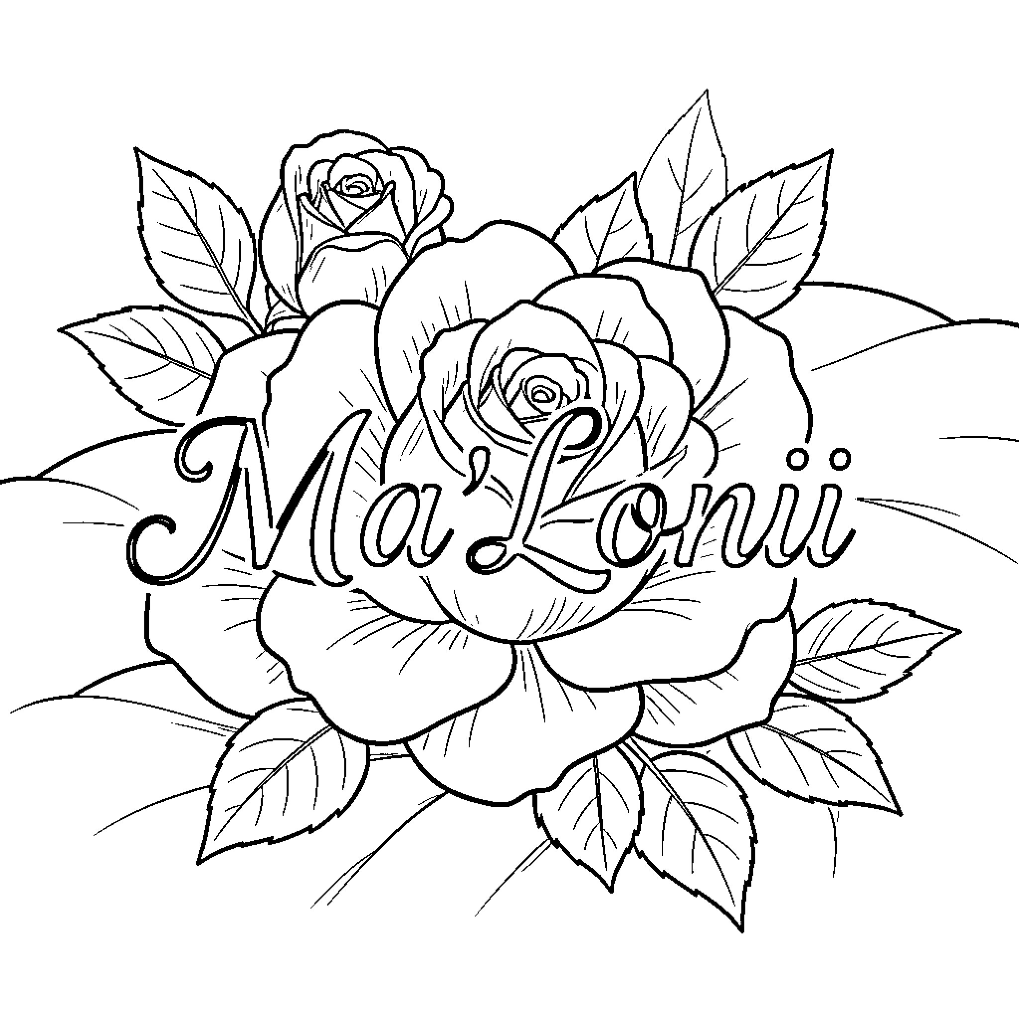 Ma'Lonii surrounded by beautiful blooming roses and leaves Coloring Page (free black-and-white line drawing printable PDF for all, from beginners to advanced learners, including children, teens, adults, and seniors)