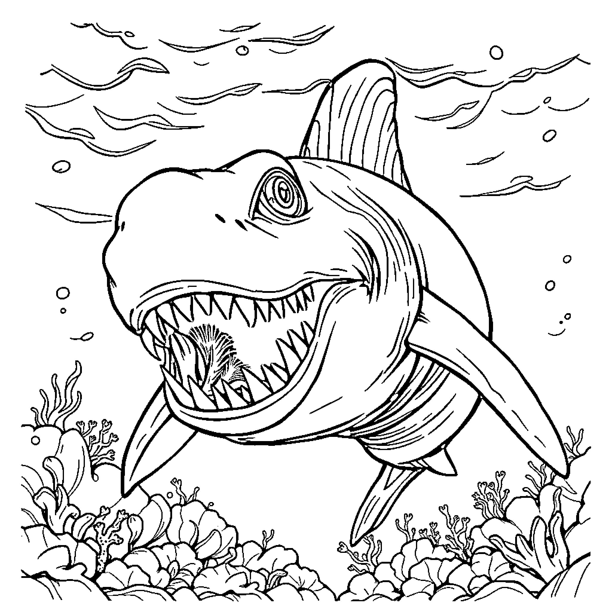 Sea Eater Shark Hunting in Coral Reef Coloring Page (free black-and-white line drawing printable PDF for all, from beginners to advanced learners, including children, teens, adults, and seniors)