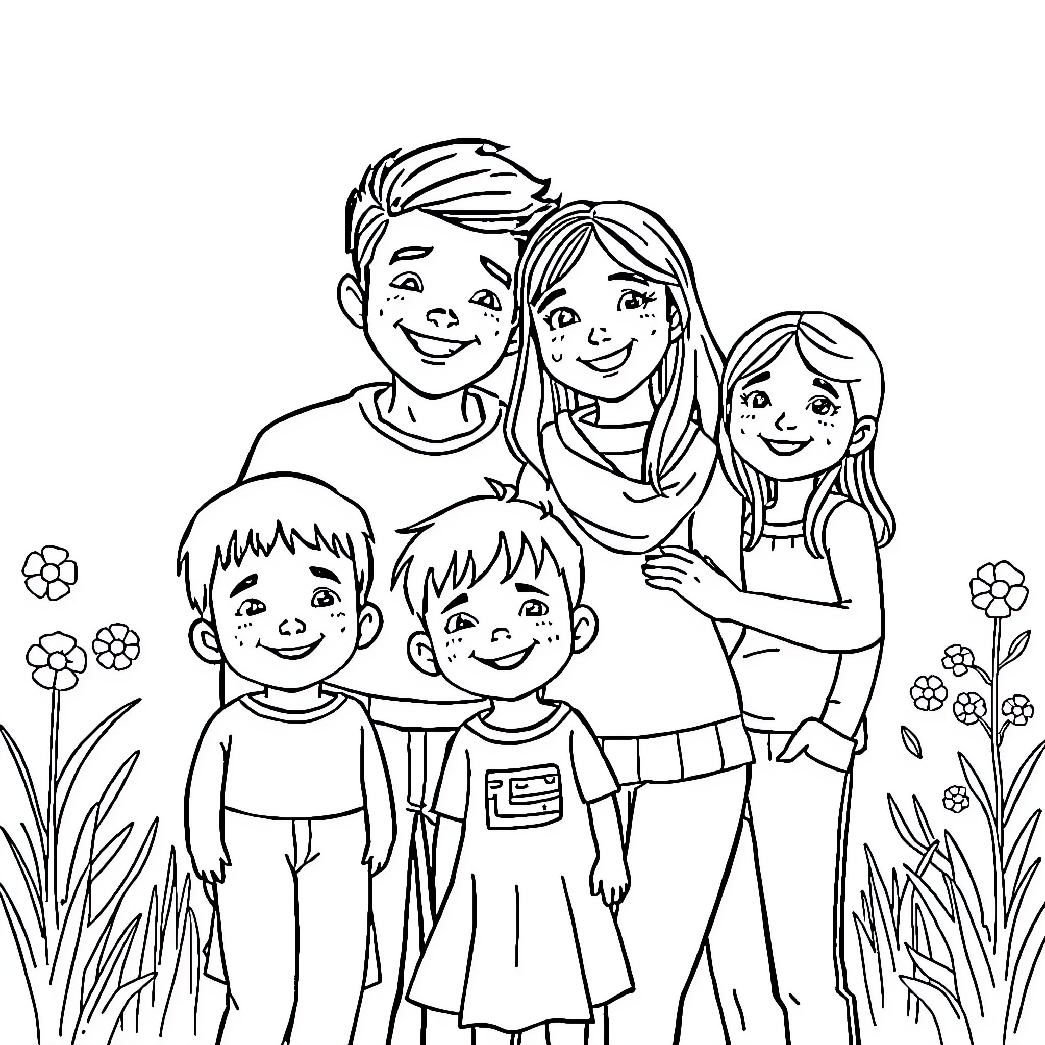 Familia enjoying time together outdoors Coloring Page (free black-and-white line drawing printable PDF for all, from beginners to advanced learners, including children, teens, adults, and seniors)