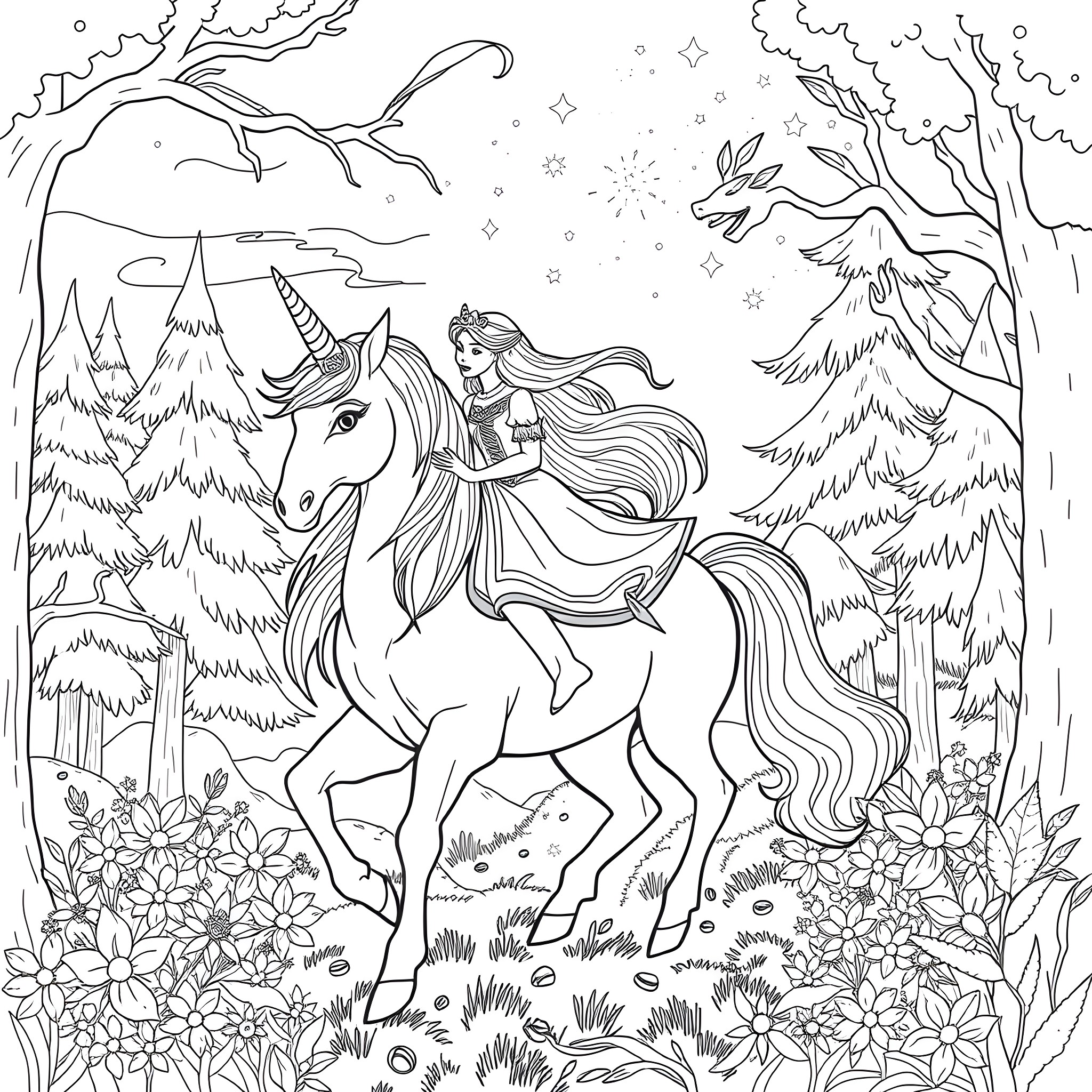 Princess Riding a Magical Unicorn in a Snowy Forest Coloring Page (free black-and-white line drawing printable PDF for all, from beginners to advanced learners, including children, teens, adults, and seniors)