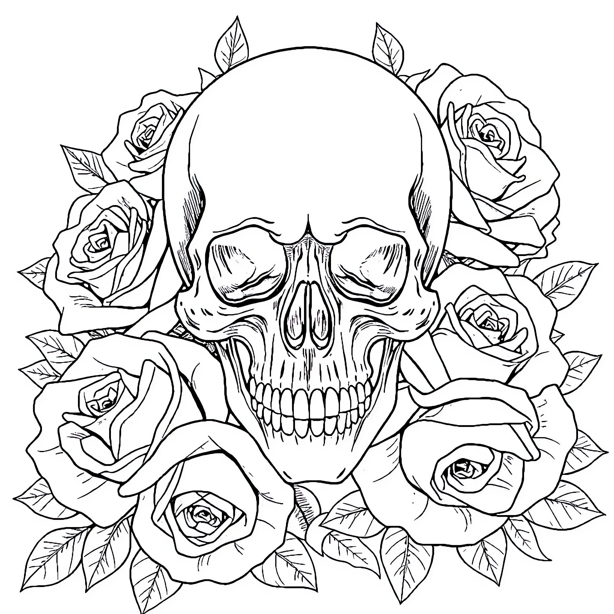 Skull surrounded by intricate rose floral design Coloring Page (free black-and-white line drawing printable PDF for all, from beginners to advanced learners, including children, teens, adults, and seniors)