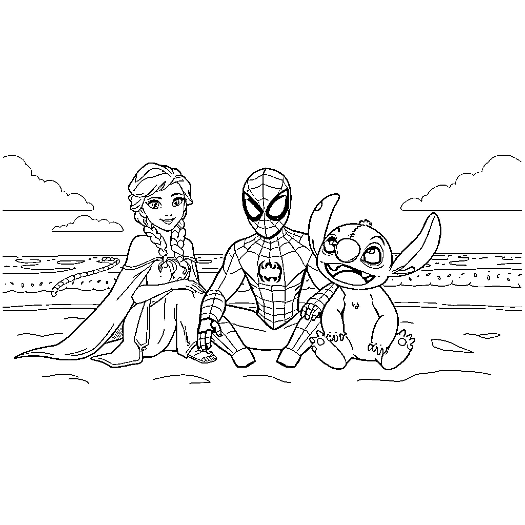 Spiderman and friends on the beach Coloring Page (free black-and-white line drawing printable PDF for all, from beginners to advanced learners, including children, teens, adults, and seniors)