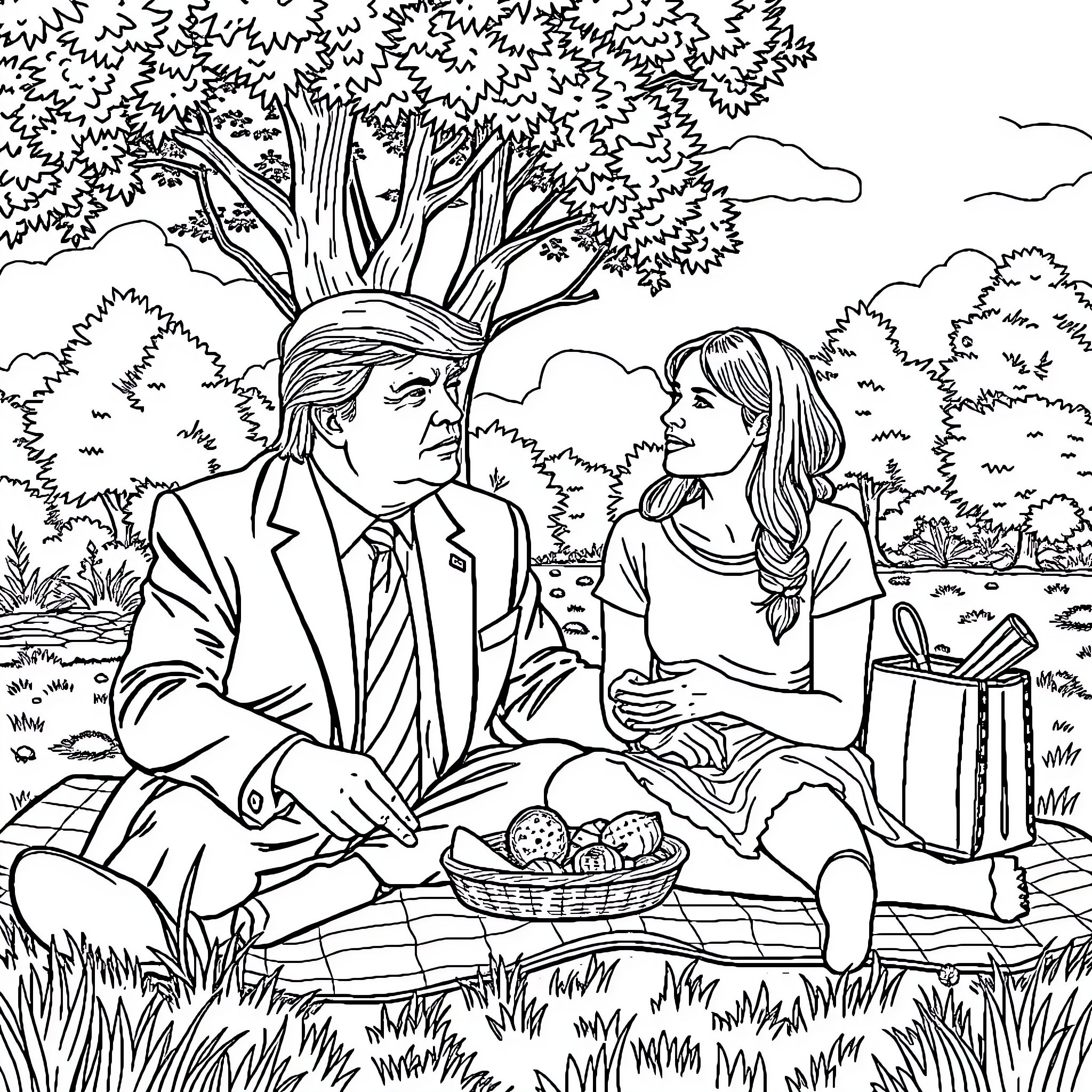 Trump in conversation with companion in scenic setting Coloring Page (free black-and-white line drawing printable PDF for all, from beginners to advanced learners, including children, teens, adults, and seniors)