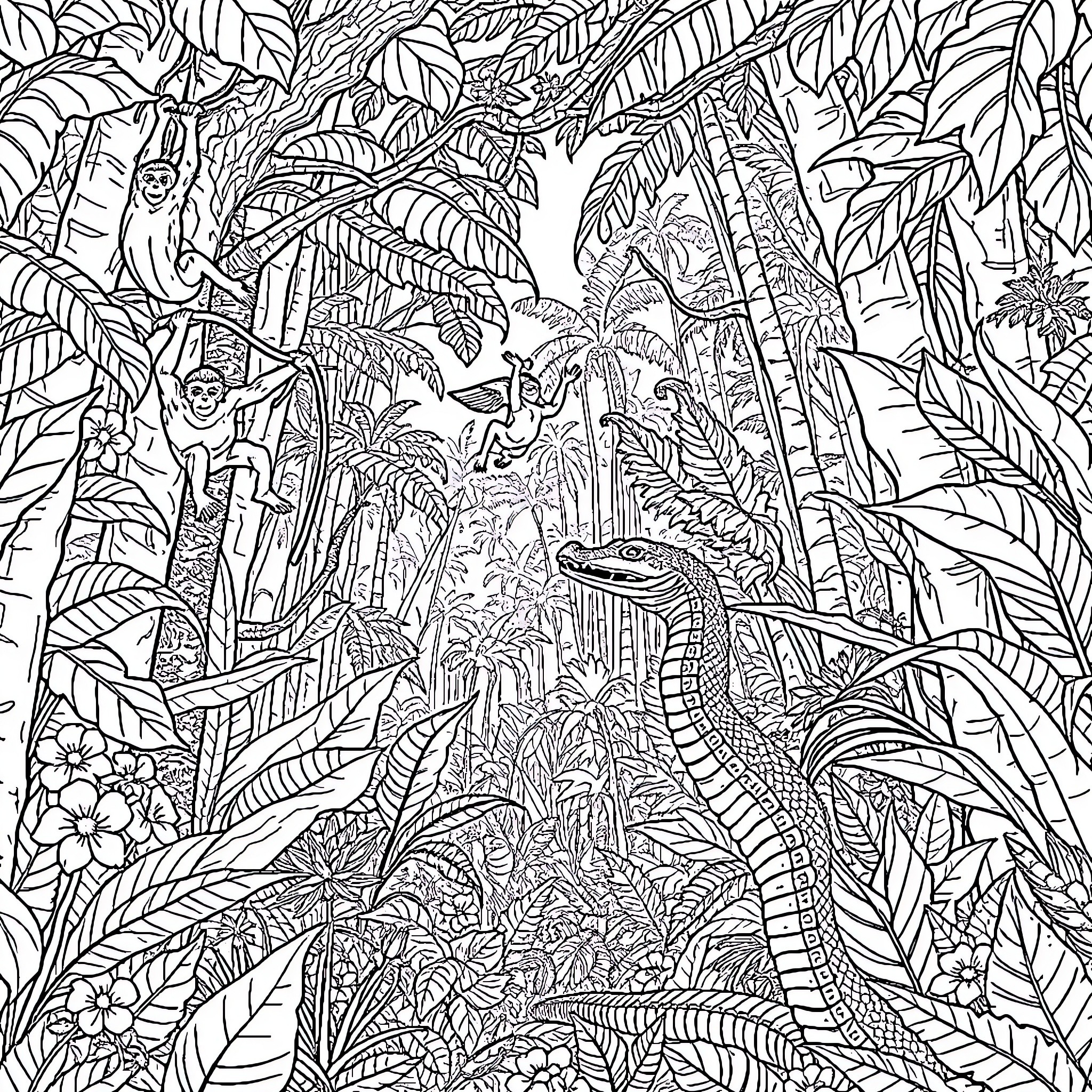 Amazon Animal Jungle Exploration and Discovery Coloring Page (free black-and-white line drawing printable PDF for all, from beginners to advanced learners, including children, teens, adults, and seniors)