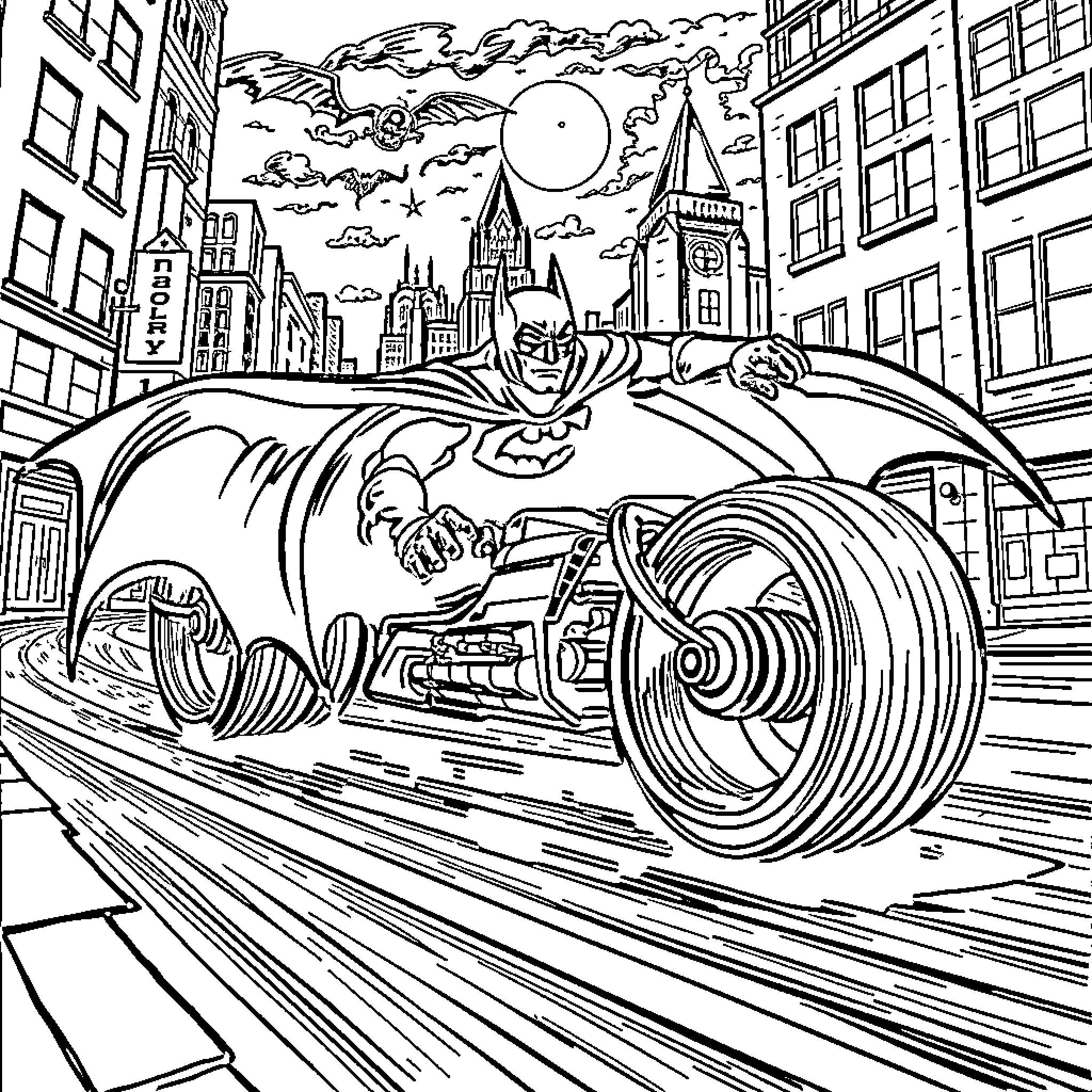 Batwheels speeding through the city streets Coloring Page (free black-and-white line drawing printable PDF for all, from beginners to advanced learners, including children, teens, adults, and seniors)