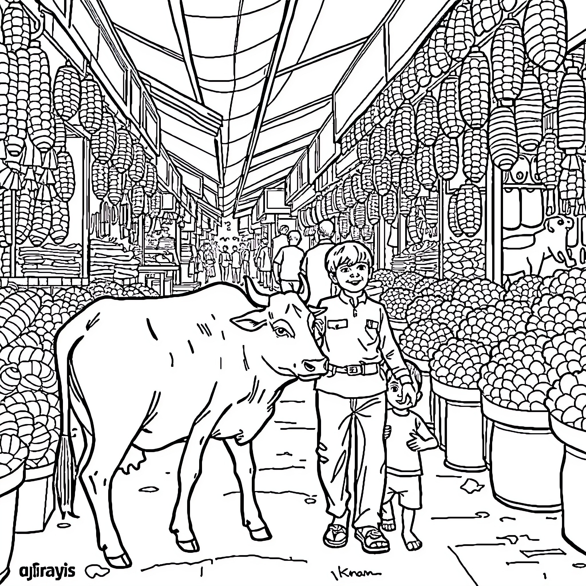 Cow and a person in a busy marketplace Coloring Page (free black-and-white line drawing printable PDF for all, from beginners to advanced learners, including children, teens, adults, and seniors)