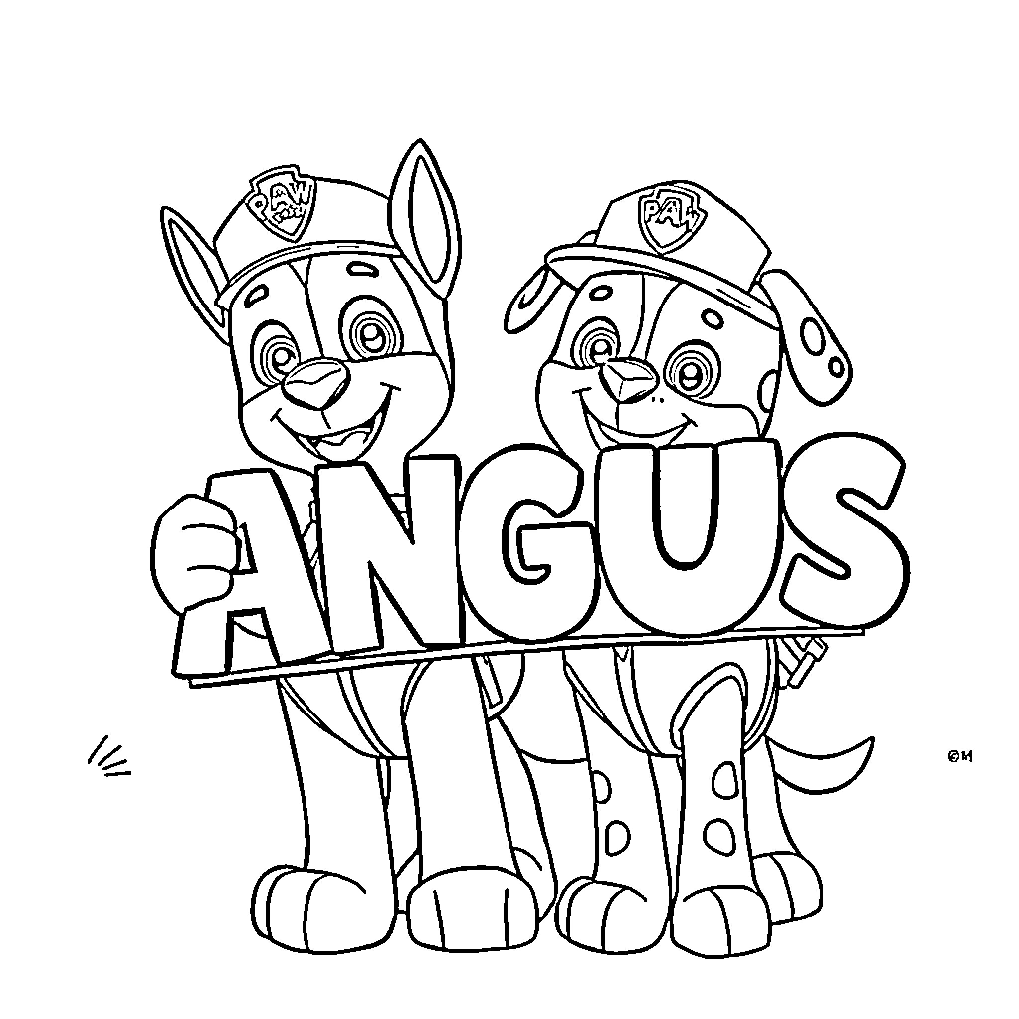 Paw Patrol pups Angus posing together Coloring Page (free black-and-white line drawing printable PDF for all, from beginners to advanced learners, including children, teens, adults, and seniors)