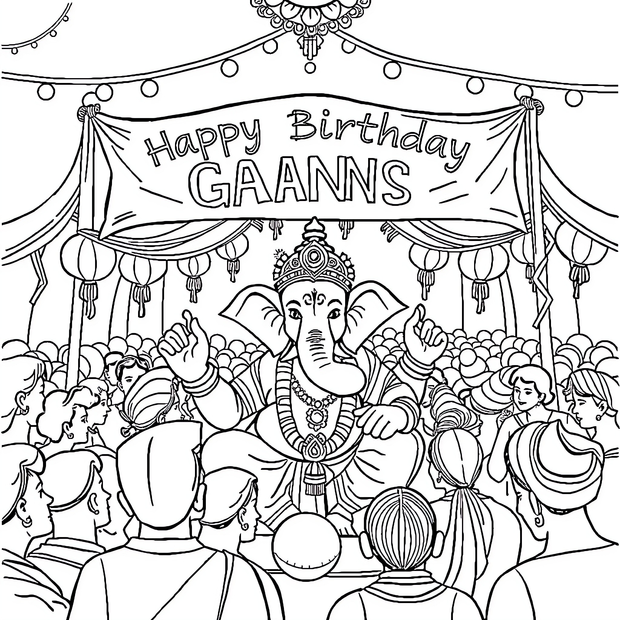 Ganesh Celebration with Festive Decorations Coloring Page (free black-and-white line drawing printable PDF for all, from beginners to advanced learners, including children, teens, adults, and seniors)