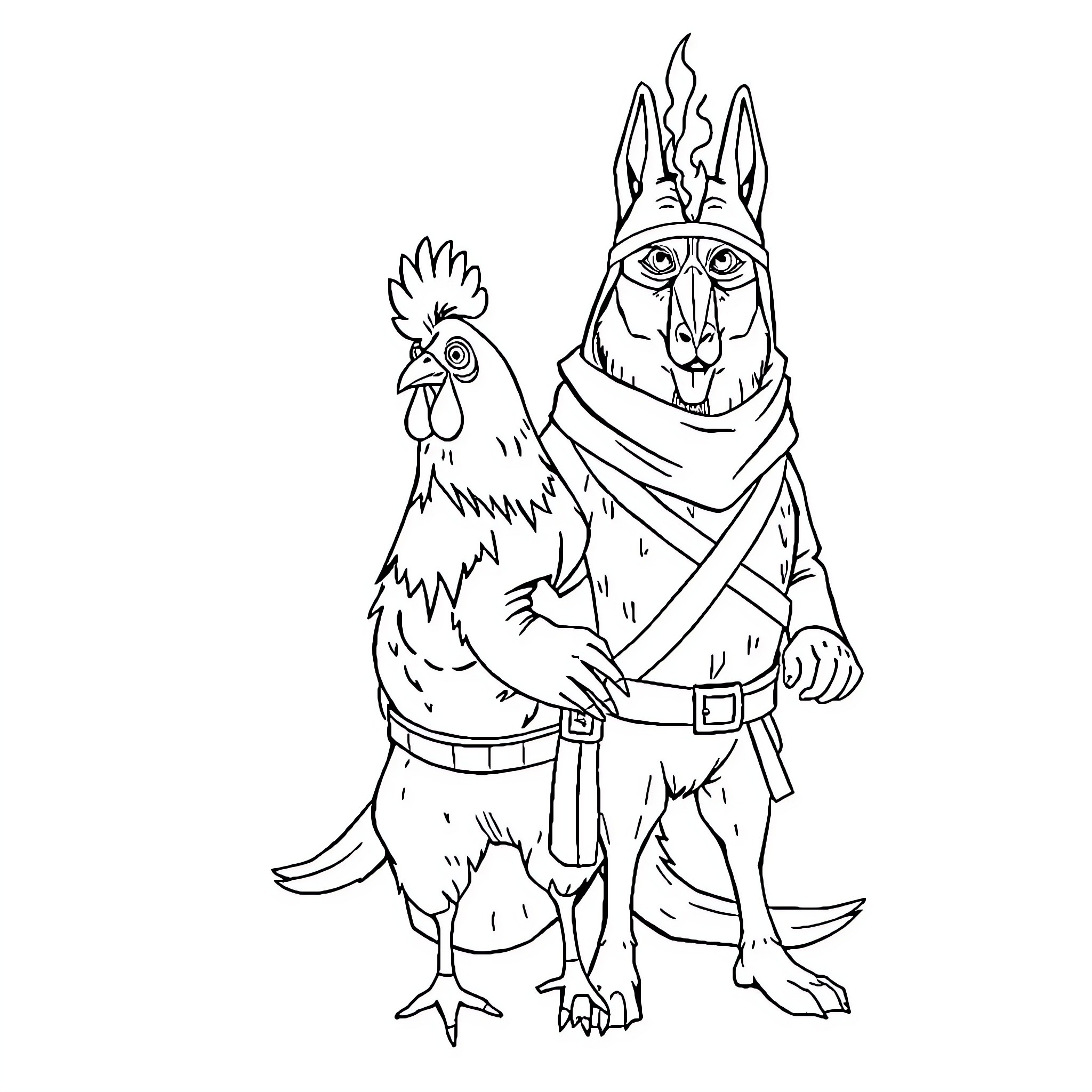 Chicken and Canine Companions in Adventure Attire Coloring Page (free black-and-white line drawing printable PDF for all, from beginners to advanced learners, including children, teens, adults, and seniors)