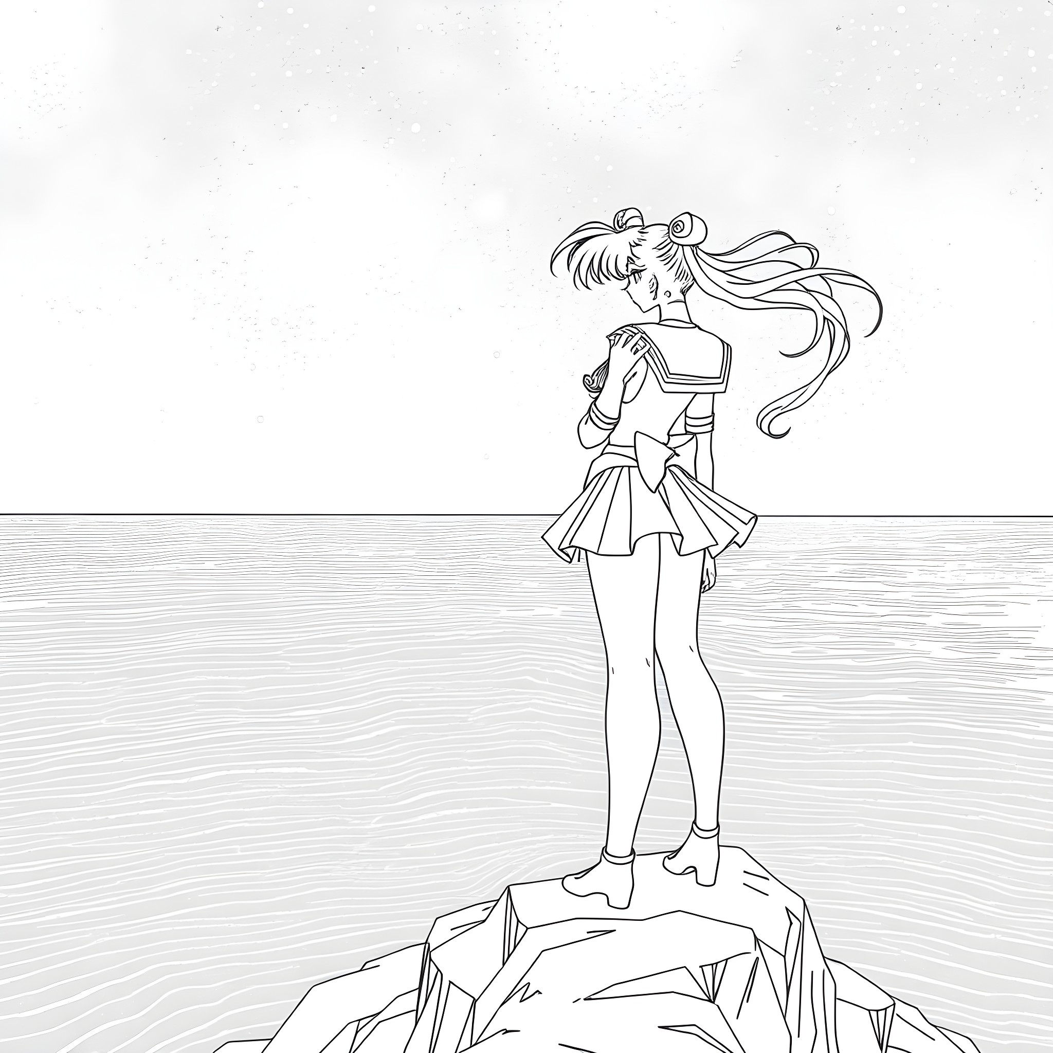 Sailor Moon standing on a cliff overlooking the ocean Coloring Page (free black-and-white line drawing printable PDF for all, from beginners to advanced learners, including children, teens, adults, and seniors)