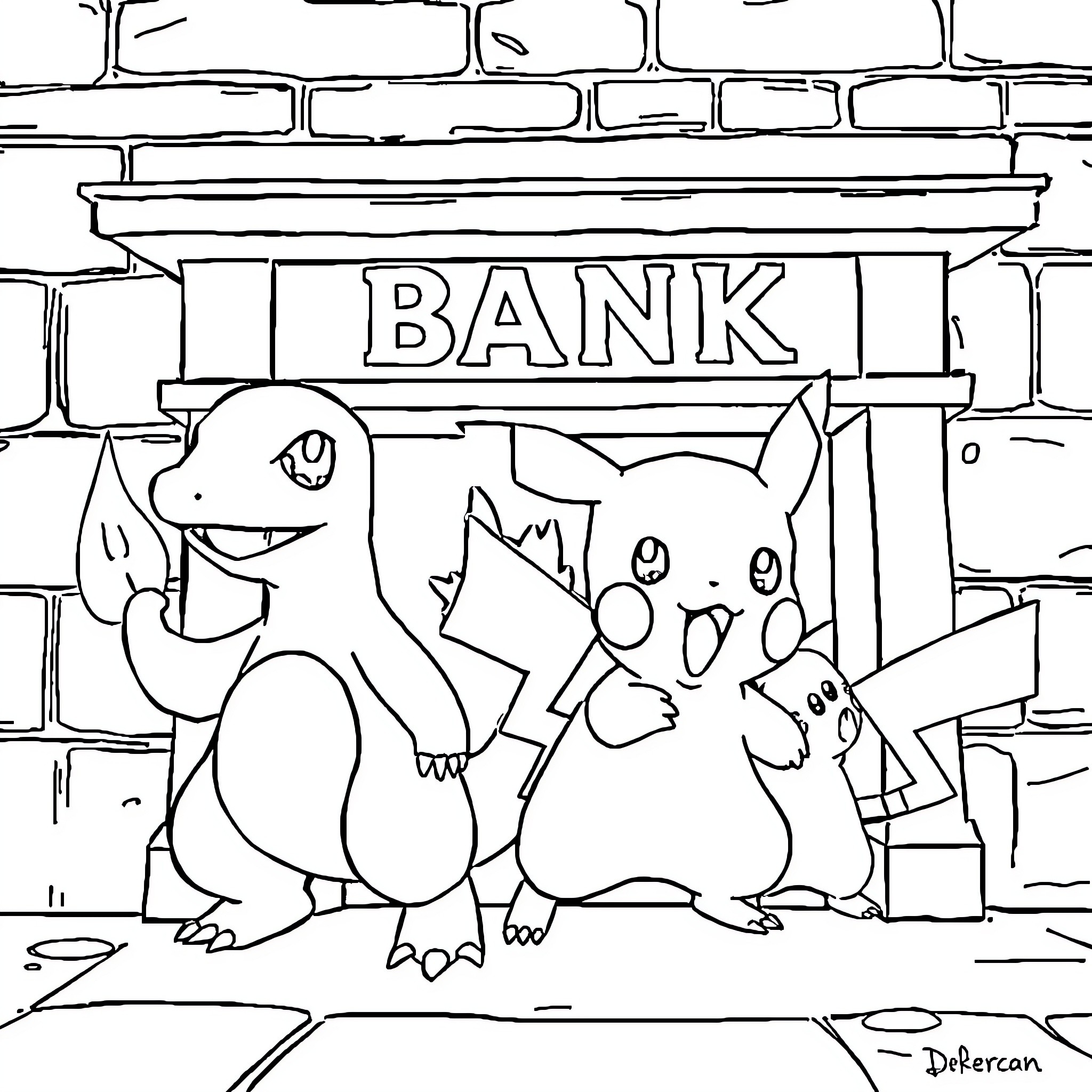 Charmander and Pikachu adventure in the bank Coloring Page (free black-and-white line drawing printable PDF for all, from beginners to advanced learners, including children, teens, adults, and seniors)