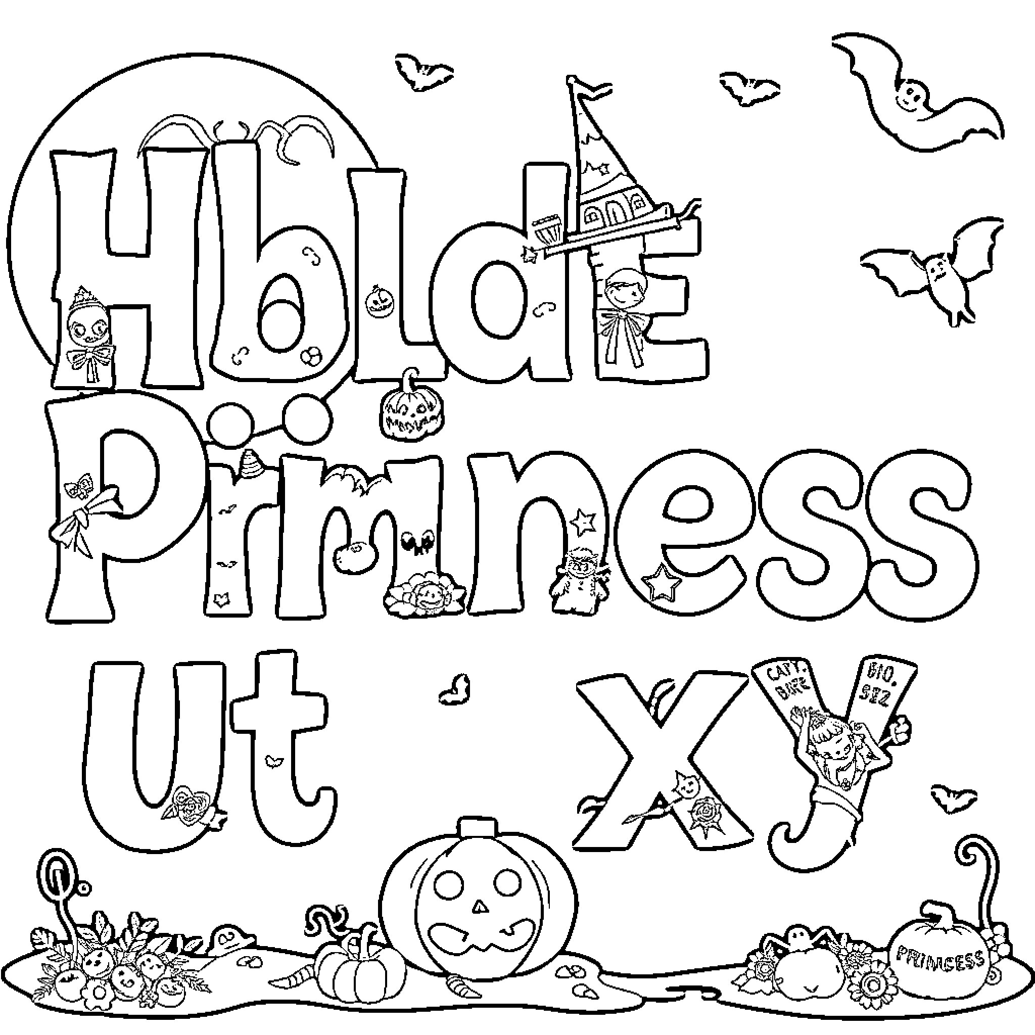 Alphabet Halloween Princess Coloring Scene Coloring Page (free black-and-white line drawing printable PDF for all, from beginners to advanced learners, including children, teens, adults, and seniors)
