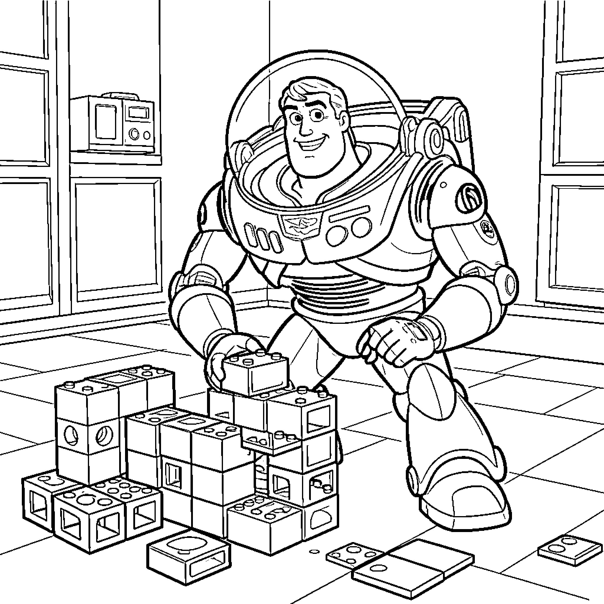 Buzz Lightyear playing happily with building blocks Coloring Page (free black-and-white line drawing printable PDF for all, from beginners to advanced learners, including children, teens, adults, and seniors)