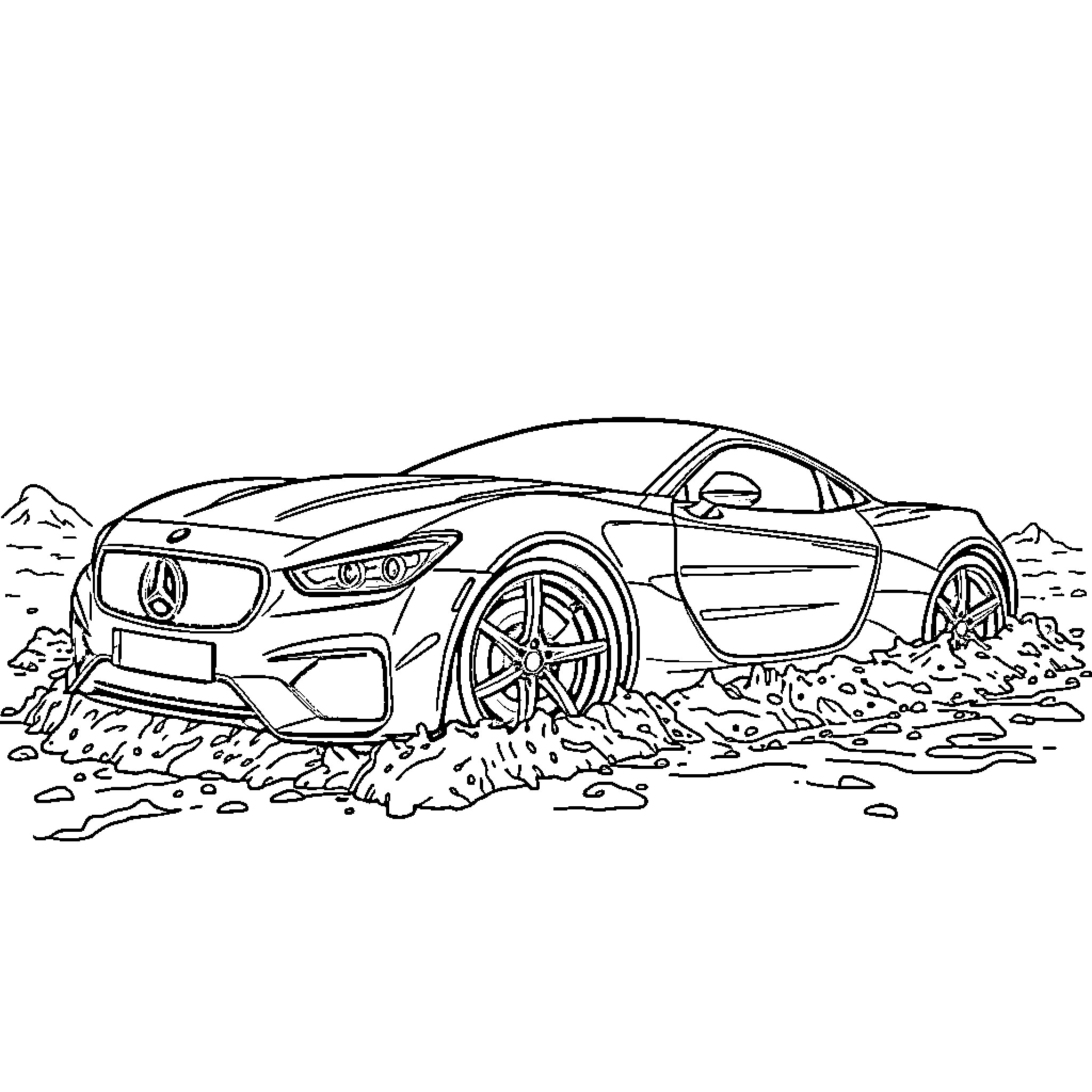 Supercar driving along rugged terrain Coloring Page (free black-and-white line drawing printable PDF for all, from beginners to advanced learners, including children, teens, adults, and seniors)
