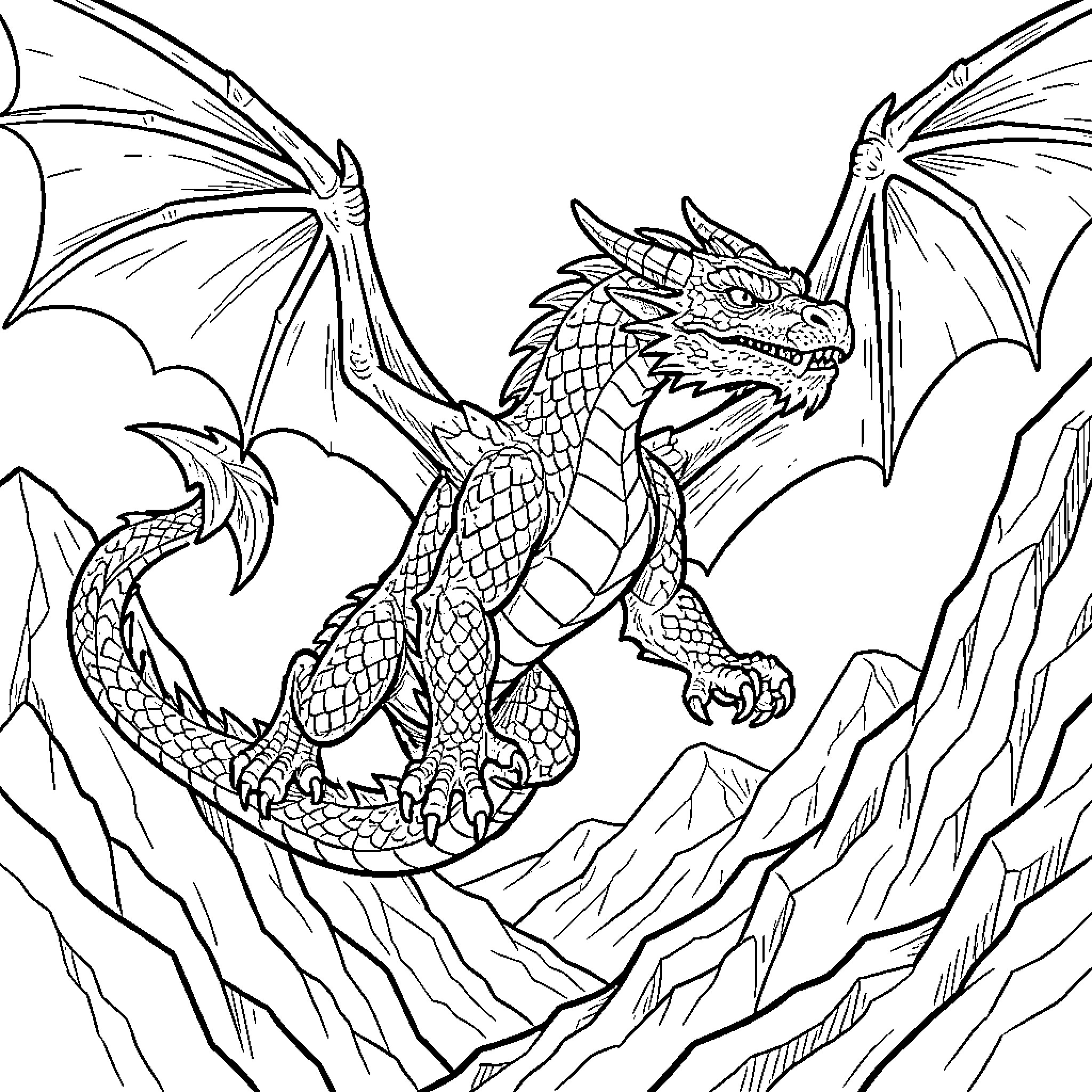 Dragon Soaring Amidst Rugged Terrain Coloring Page (free black-and-white line drawing printable PDF for all, from beginners to advanced learners, including children, teens, adults, and seniors)