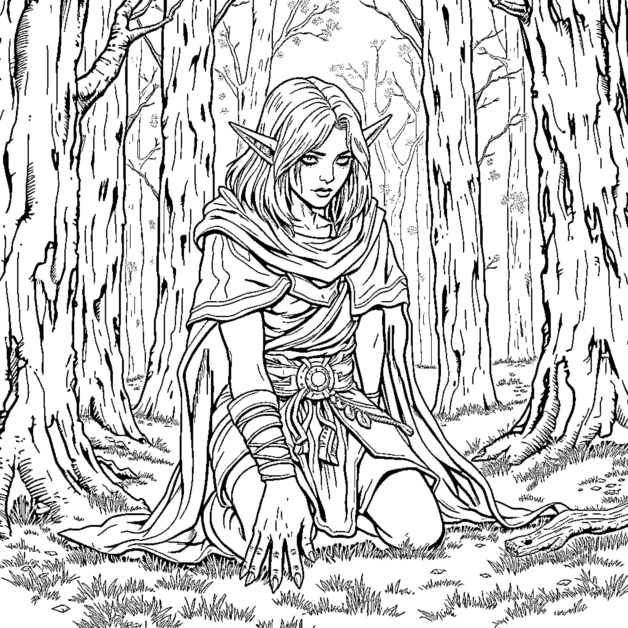 Orc warrior exploring mysterious forest wilderness Coloring Page (free black-and-white line drawing printable PDF for all, from beginners to advanced learners, including children, teens, adults, and seniors)