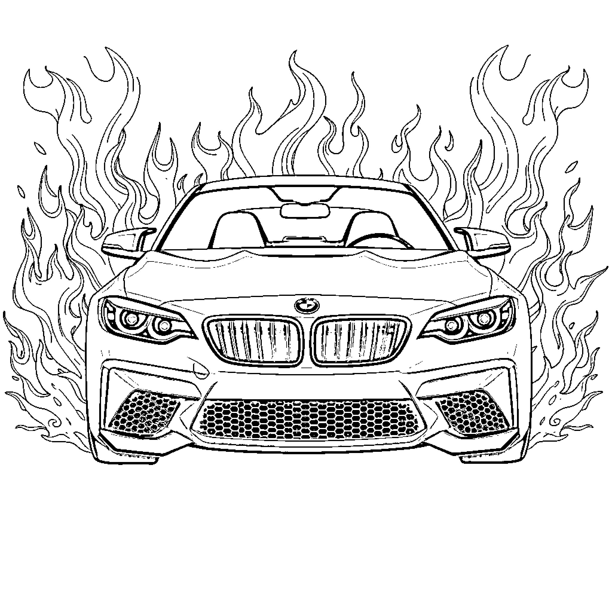 BMW M2 Burning Rubber in Flames Coloring Page (free black-and-white line drawing printable PDF for all, from beginners to advanced learners, including children, teens, adults, and seniors)