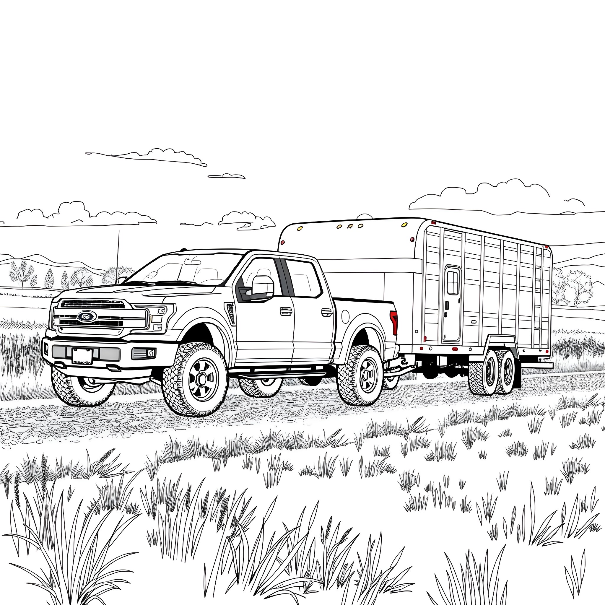 Pickup truck pulling livestock trailer in rural landscape Coloring Page (free black-and-white line drawing printable PDF for all, from beginners to advanced learners, including children, teens, adults, and seniors)