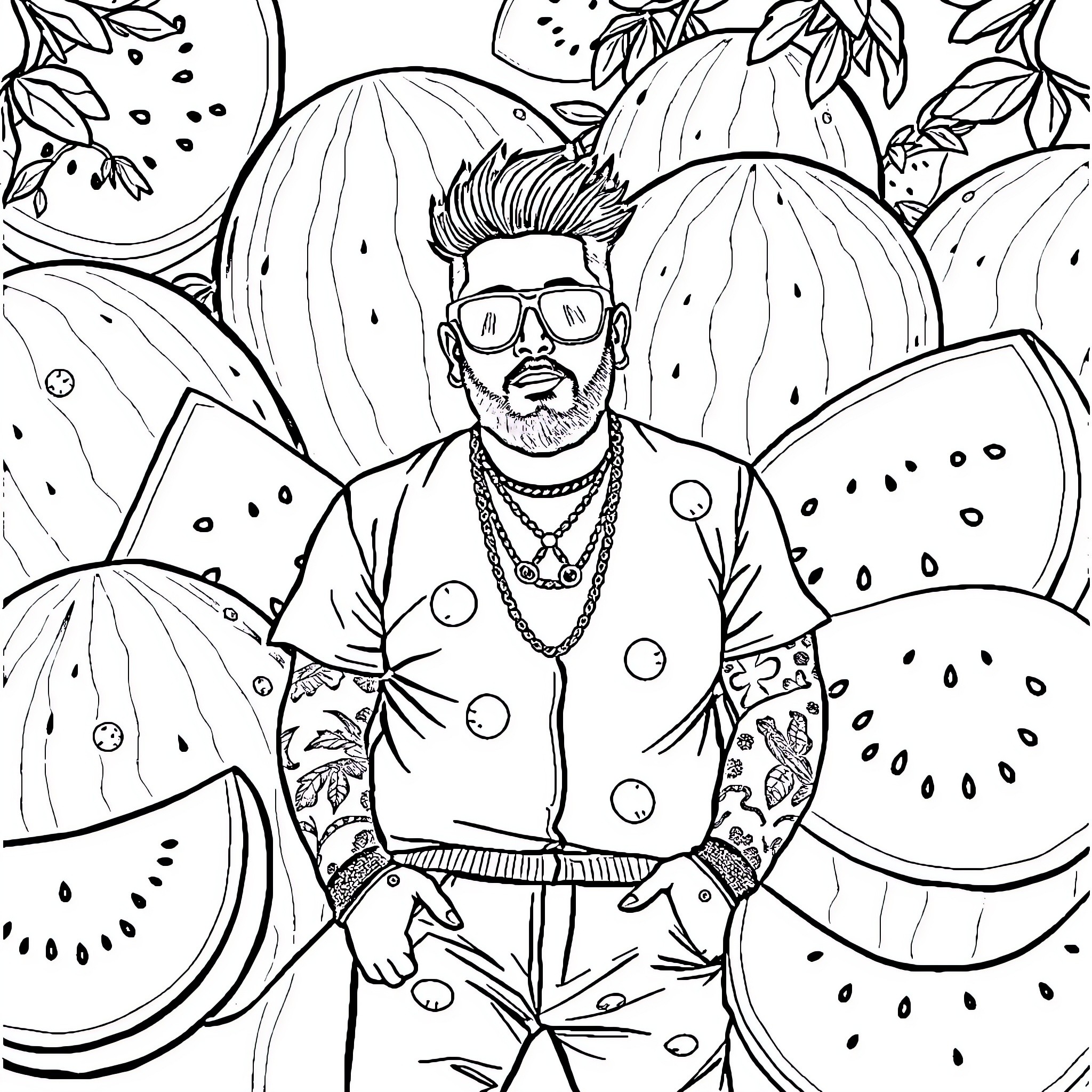 Post Melon Surrounded by Whimsical Watermelons Coloring Page (free black-and-white line drawing printable PDF for all, from beginners to advanced learners, including children, teens, adults, and seniors)