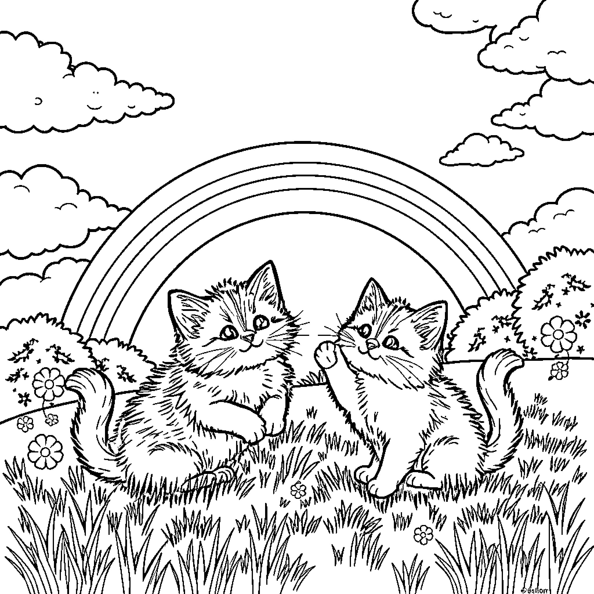 Kitty Cats Exploring the Outdoors Coloring Page (free black-and-white line drawing printable PDF for all, from beginners to advanced learners, including children, teens, adults, and seniors)