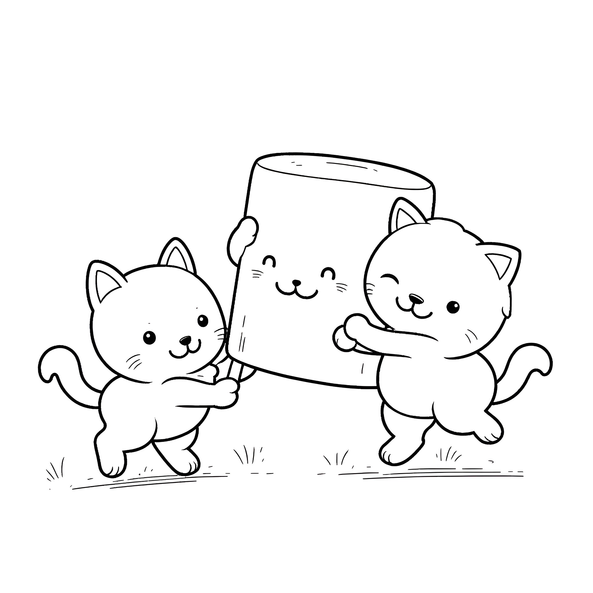 Kitty friends playing happily together Coloring Page (free black-and-white line drawing printable PDF for all, from beginners to advanced learners, including children, teens, adults, and seniors)
