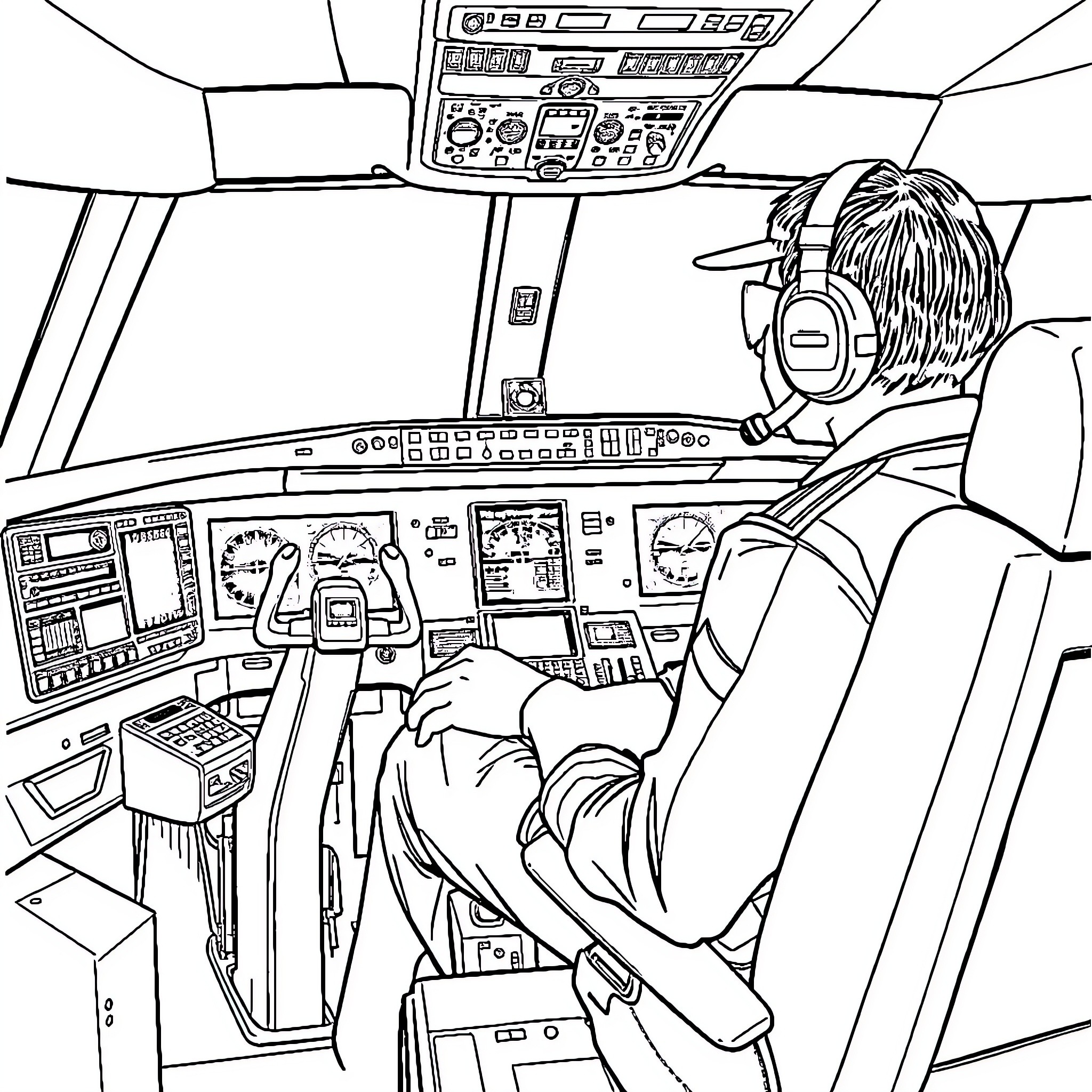 Pilot Navigating Complex Aircraft Cockpit Coloring Page (free black-and-white line drawing printable PDF for all, from beginners to advanced learners, including children, teens, adults, and seniors)