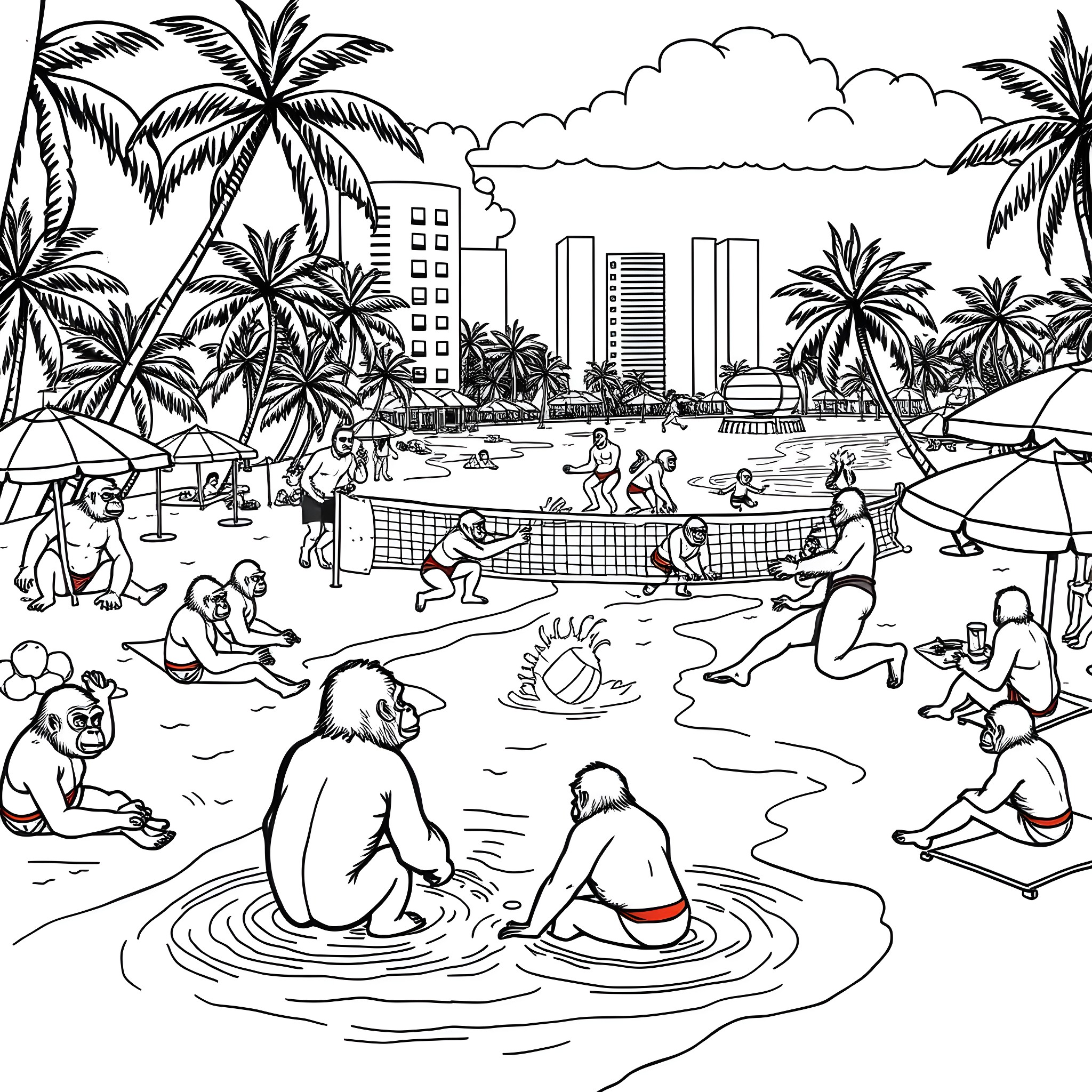 Gorillas enjoying a day at the beach with humans Coloring Page (free black-and-white line drawing printable PDF for all, from beginners to advanced learners, including children, teens, adults, and seniors)