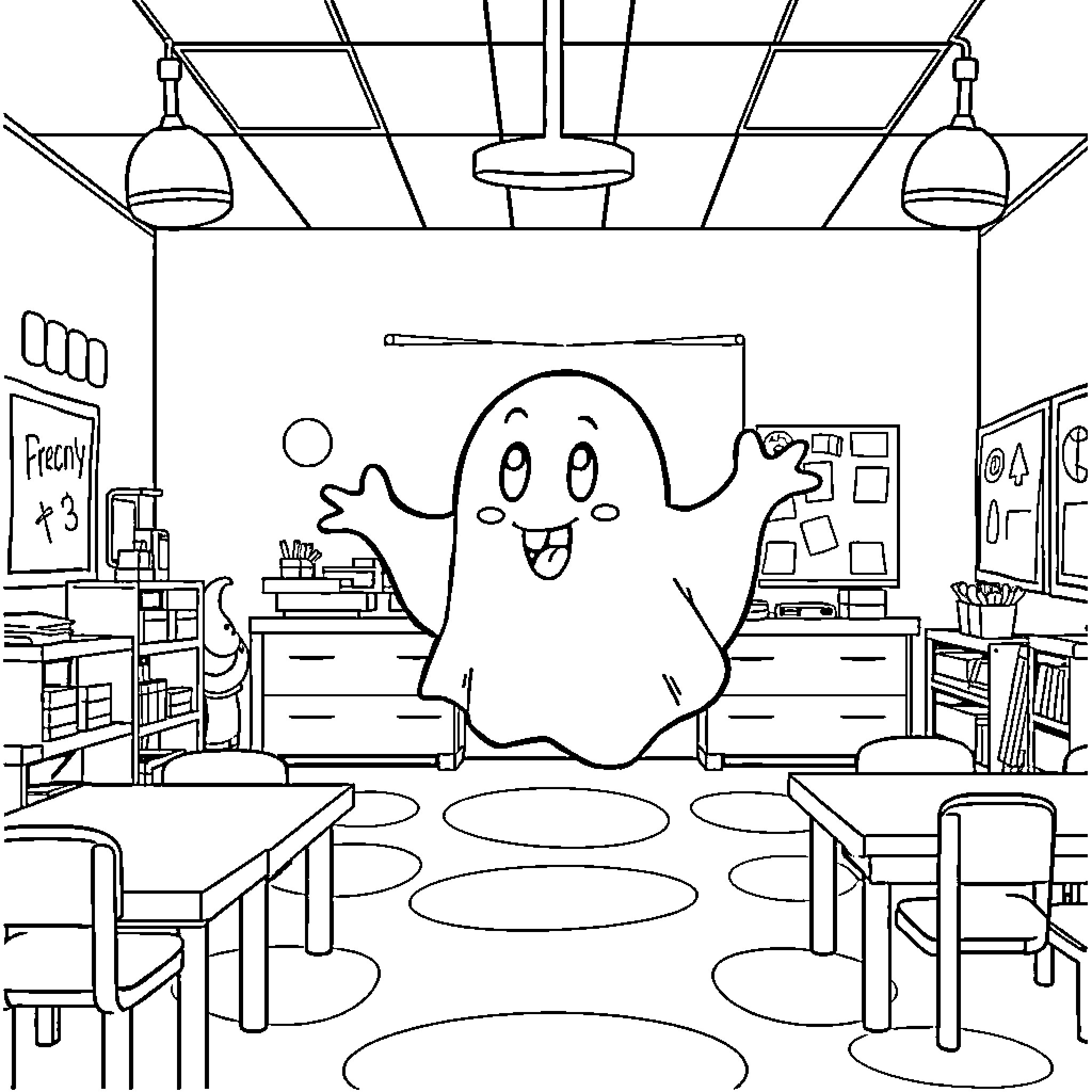 Ghost Cheerfully Haunting a Classroom Coloring Page (free black-and-white line drawing printable PDF for all, from beginners to advanced learners, including children, teens, adults, and seniors)
