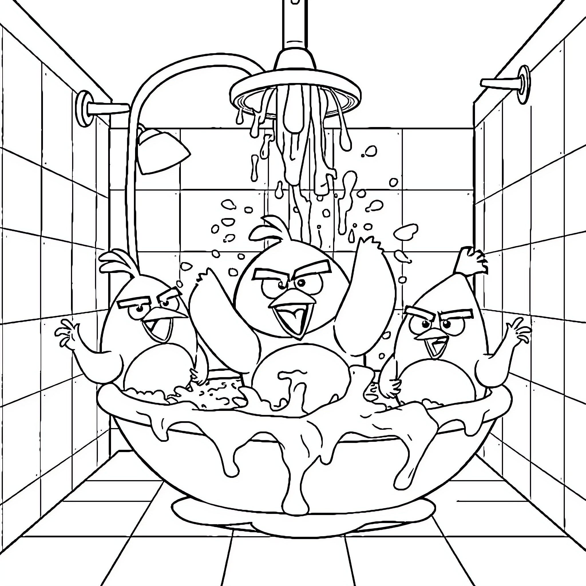 Bird characters taking a fun shower together Coloring Page (free black-and-white line drawing printable PDF for all, from beginners to advanced learners, including children, teens, adults, and seniors)