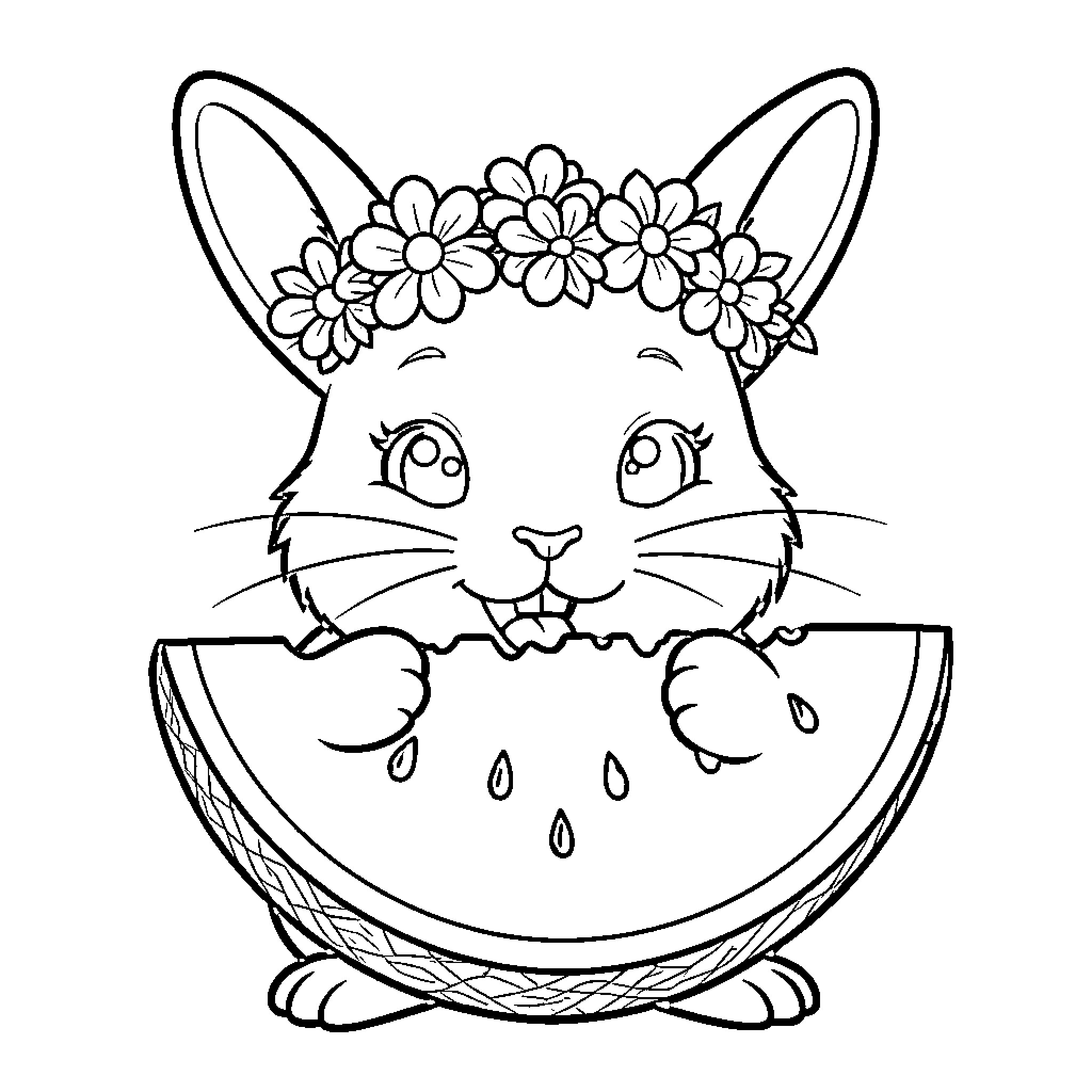 Rabbit wearing a flower crown eating watermelon Coloring Page (free black-and-white line drawing printable PDF for all, from beginners to advanced learners, including children, teens, adults, and seniors)