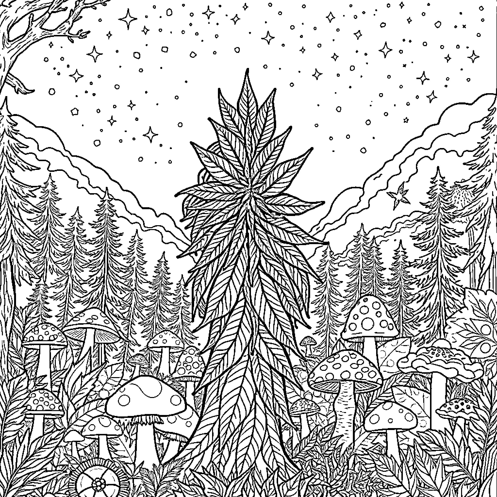 Woman in a whimsical forest scene Coloring Page (free black-and-white line drawing printable PDF for all, from beginners to advanced learners, including children, teens, adults, and seniors)