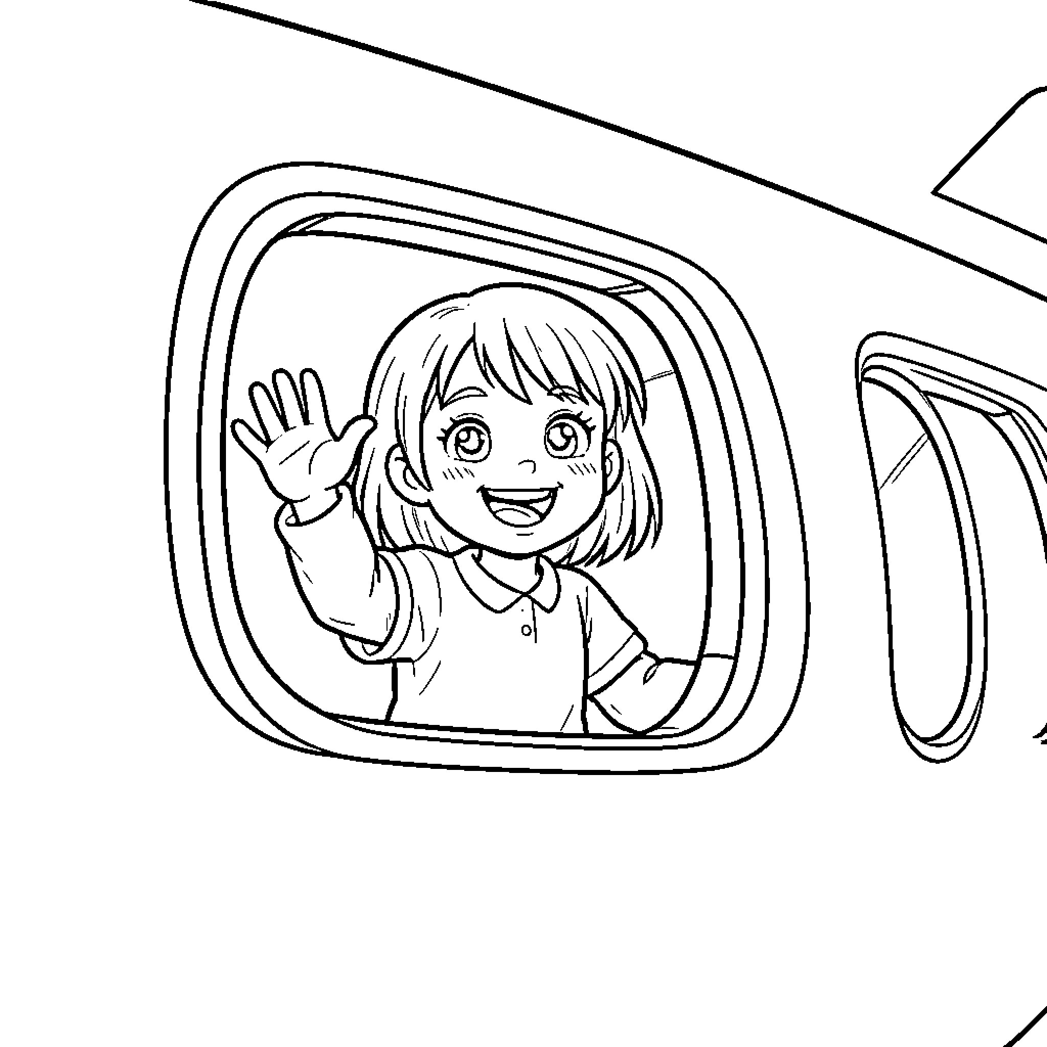 Girl waving happily from car window Coloring Page (free black-and-white line drawing printable PDF for all, from beginners to advanced learners, including children, teens, adults, and seniors)