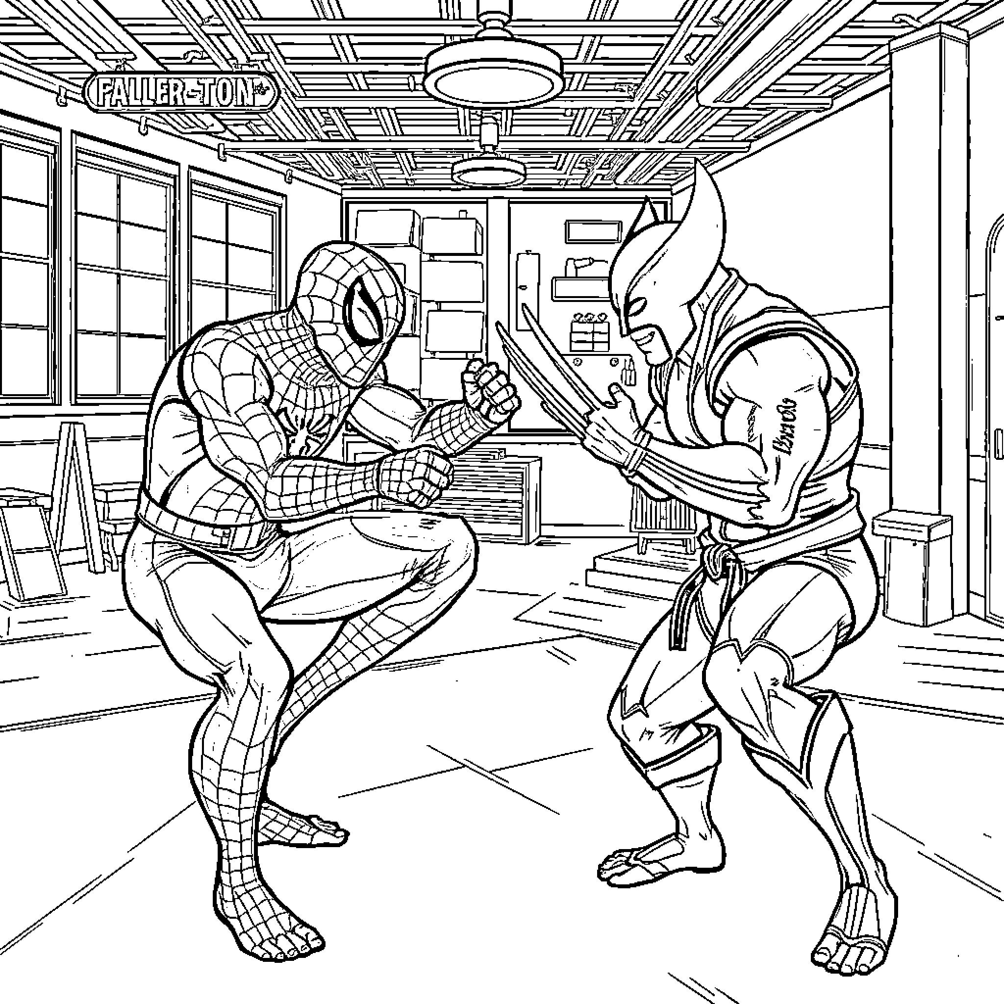 Spider-Man Battles Wolverine in Intense Fight Scene Coloring Page (free black-and-white line drawing printable PDF for all, from beginners to advanced learners, including children, teens, adults, and seniors)