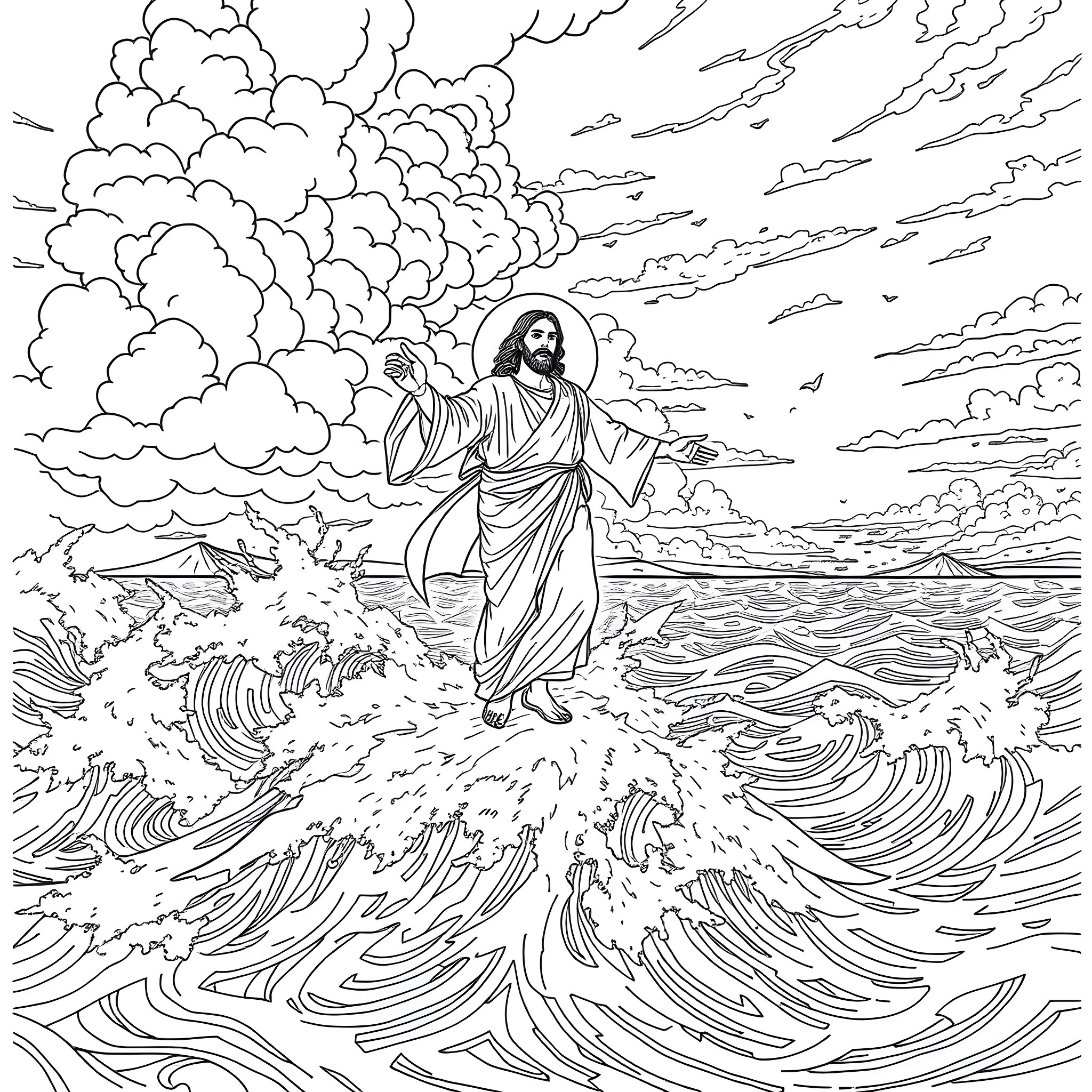 Jesus walking on the stormy waves Coloring Page (free black-and-white line drawing printable PDF for all, from beginners to advanced learners, including children, teens, adults, and seniors)