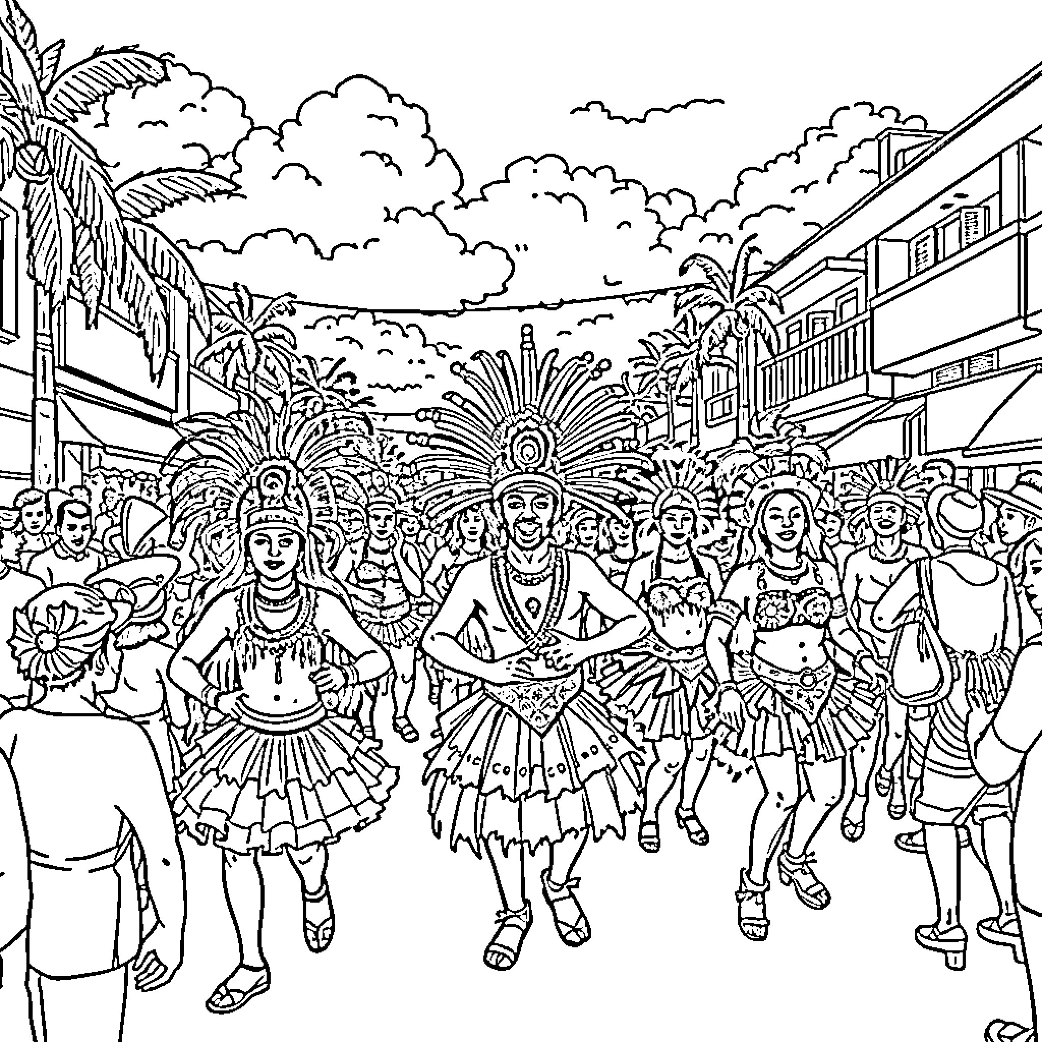 Trinidad Carnival vibrant parade with costumed performers Coloring Page (free black-and-white line drawing printable PDF for all, from beginners to advanced learners, including children, teens, adults, and seniors)